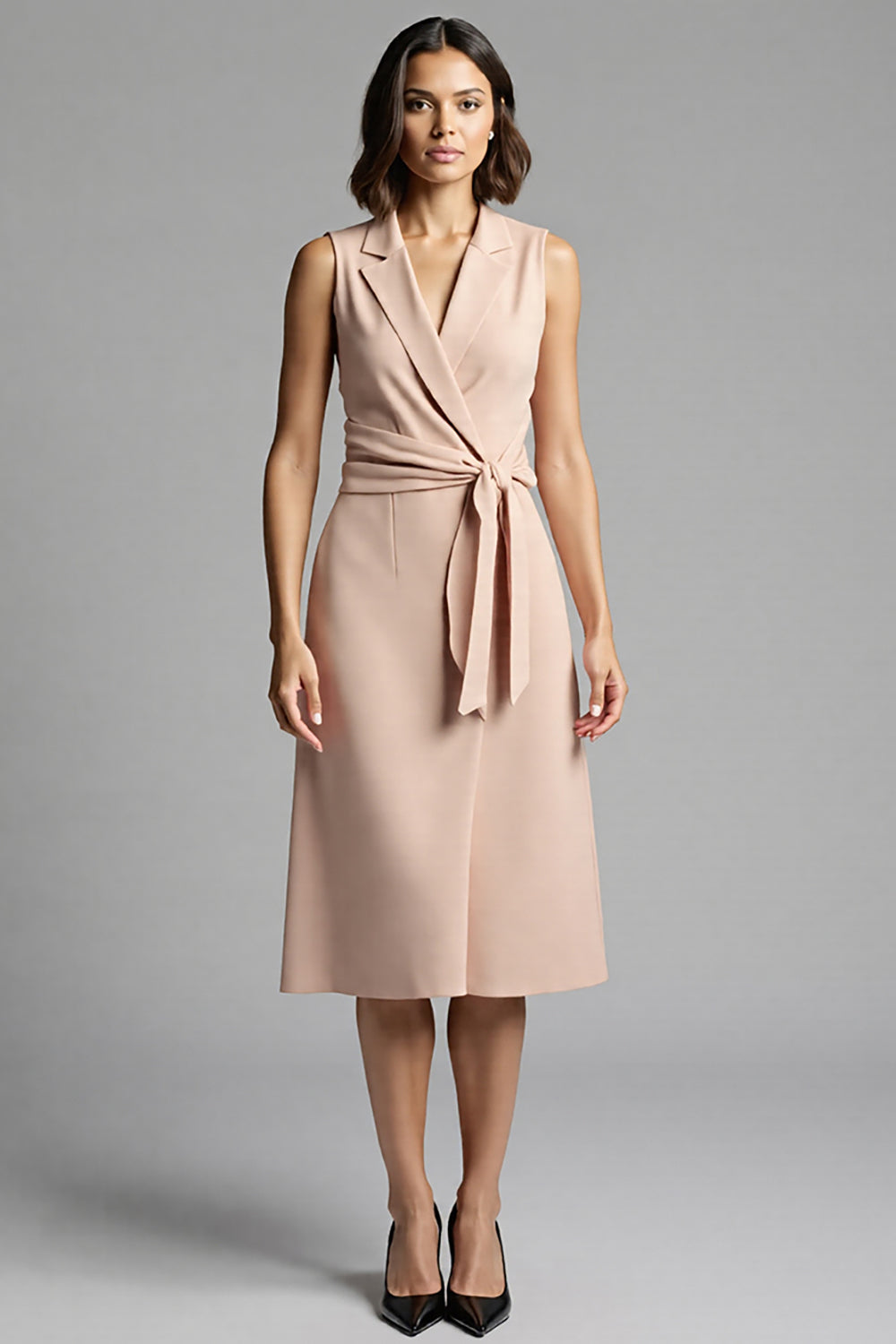 Champagne Satin A Line Notched Lapel Midi Work Dress with Ruffles
