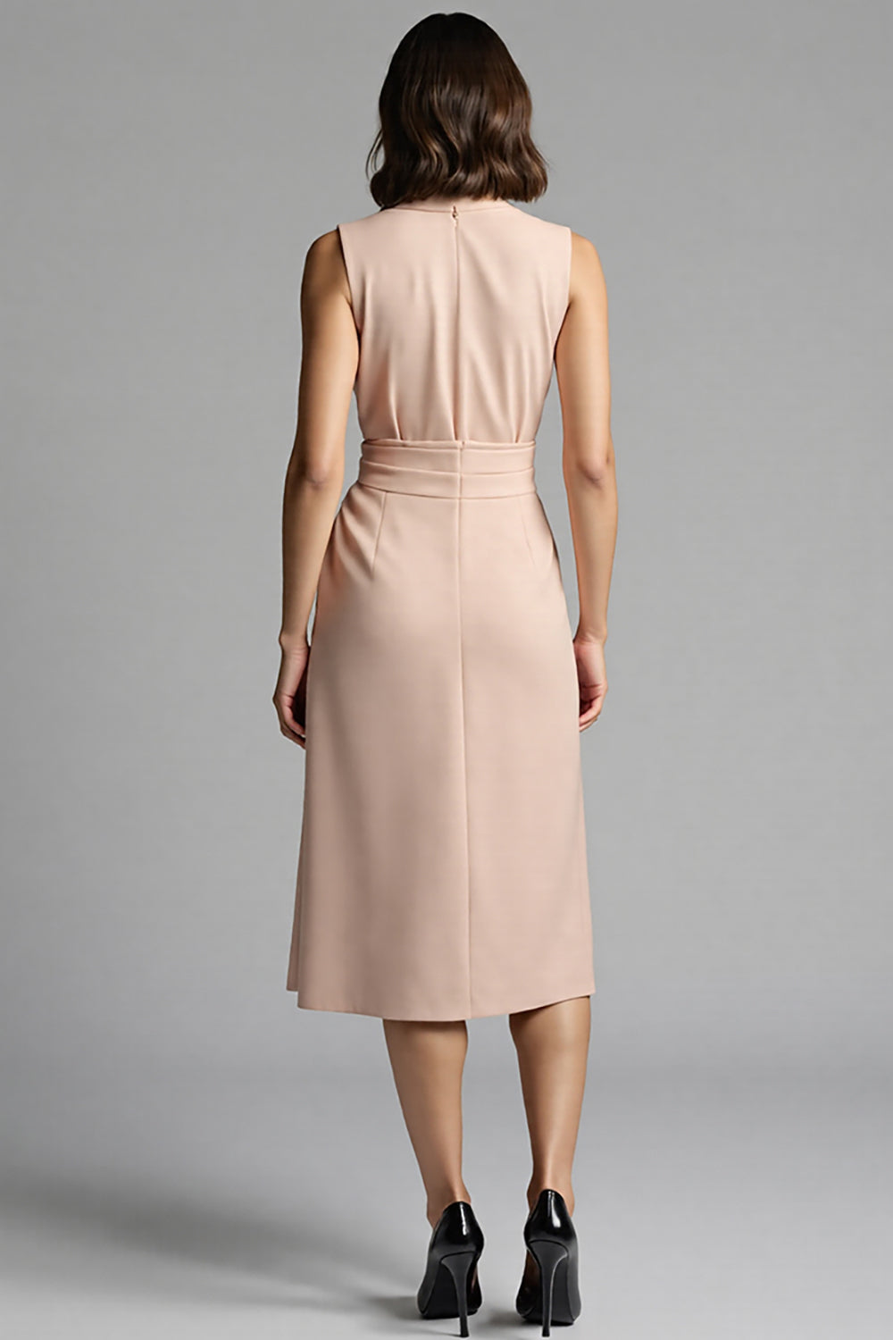 Champagne Satin A Line Notched Lapel Midi Work Dress with Ruffles