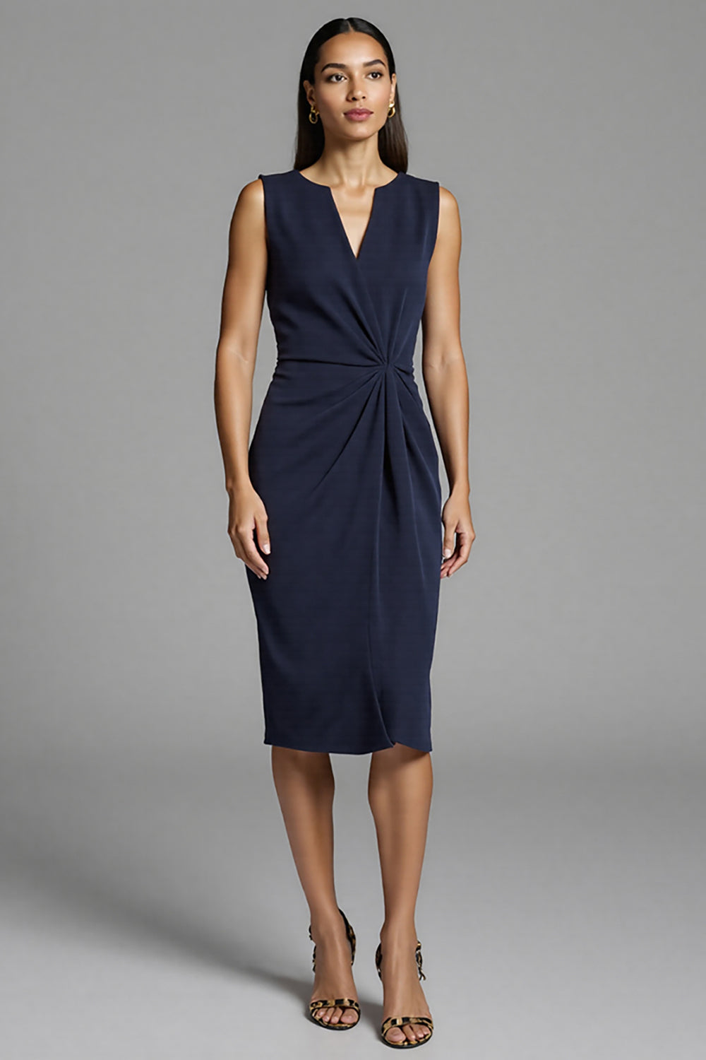 Navy Bodycon Satin Ruched Midi Work Dress