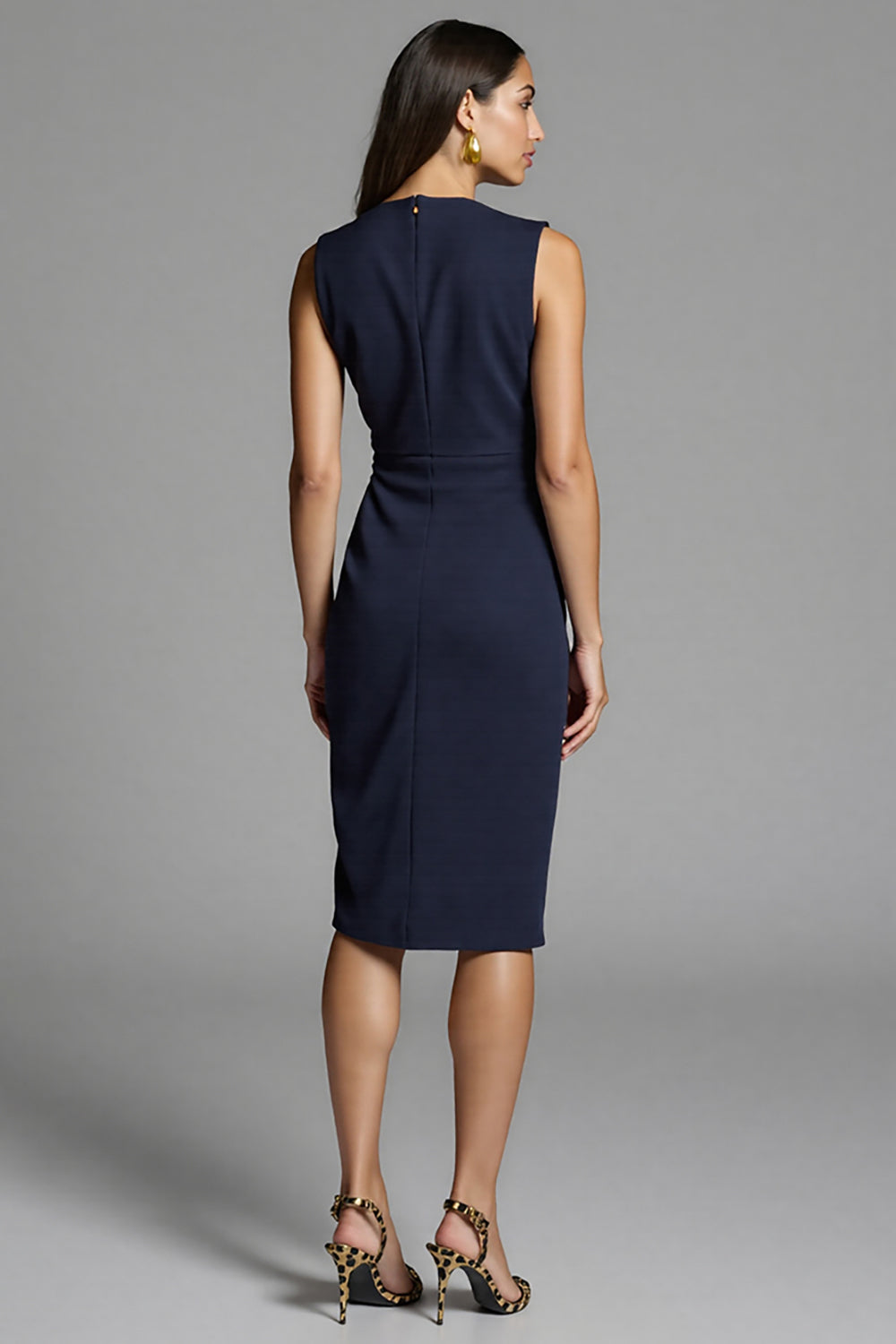 Navy Bodycon Satin Ruched Midi Work Dress