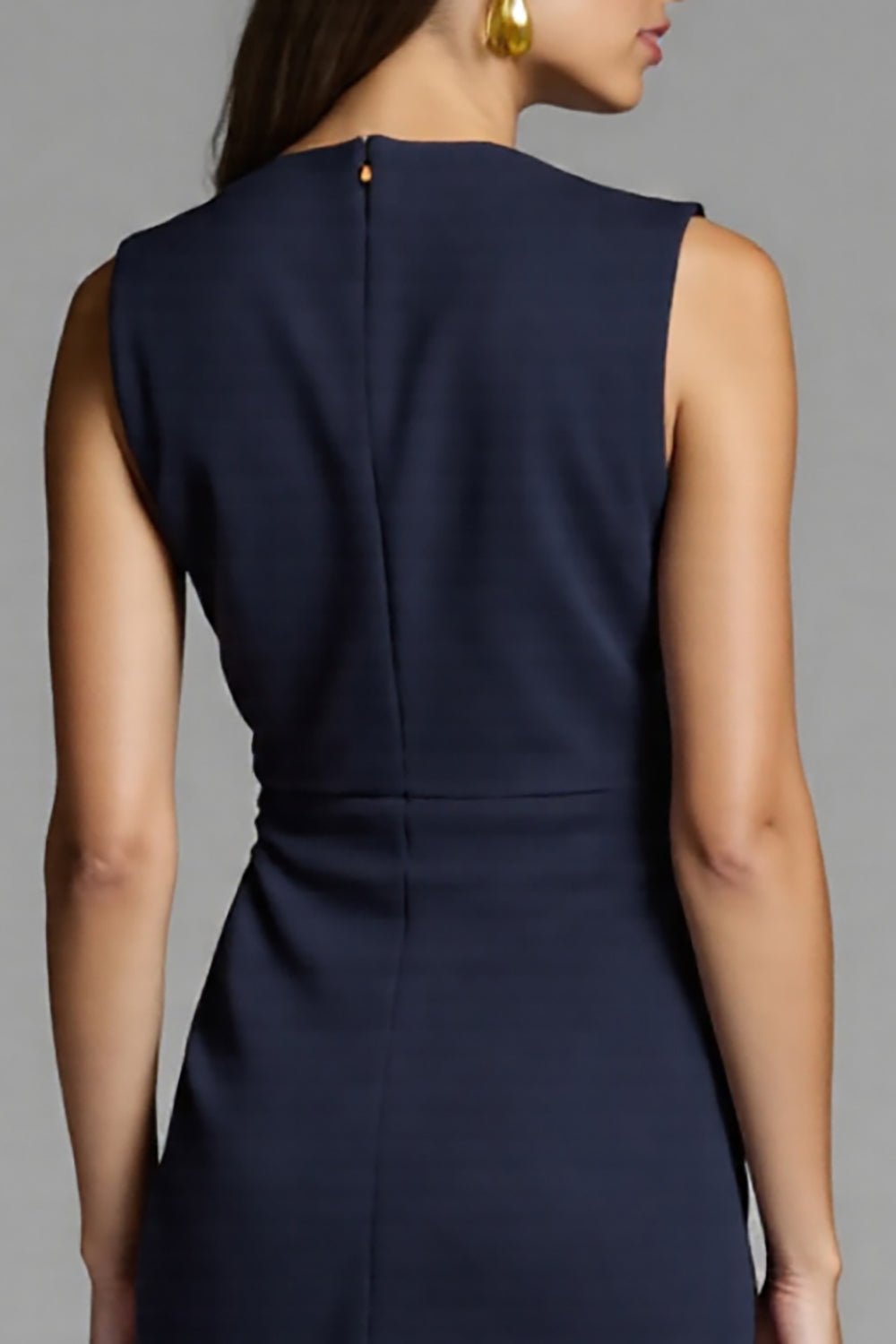 Navy Bodycon Satin Ruched Midi Work Dress
