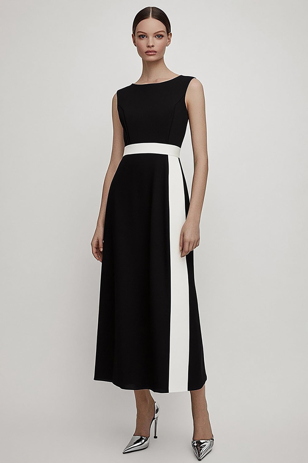 Black and White A Line Long Satin Work Dress