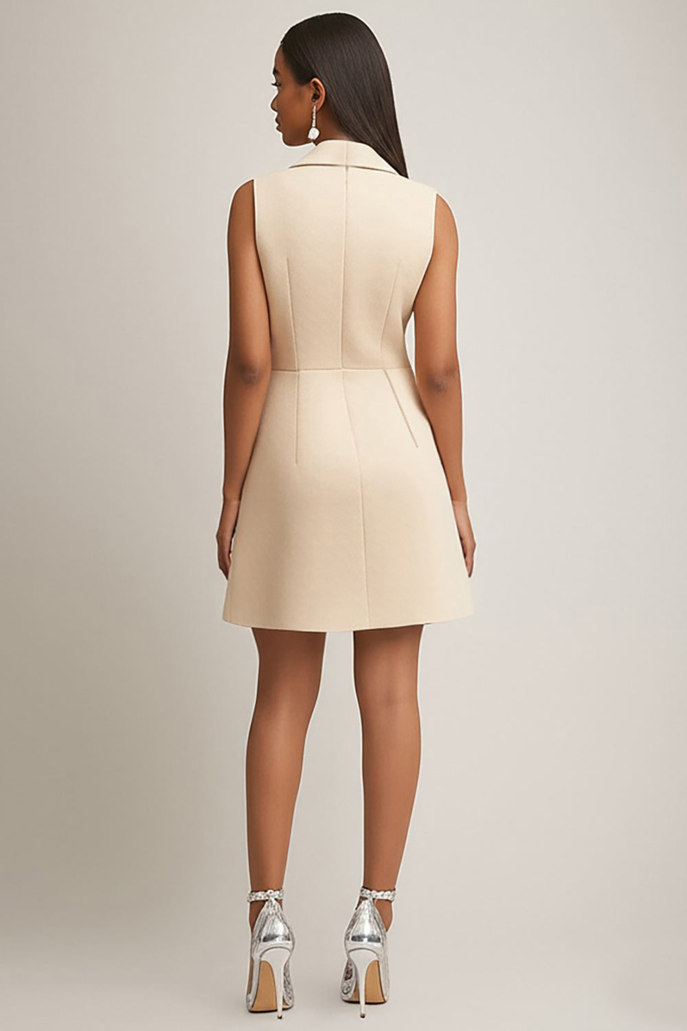 Champagne Satin A Line Collar Neck Short Work Dress with Pockets