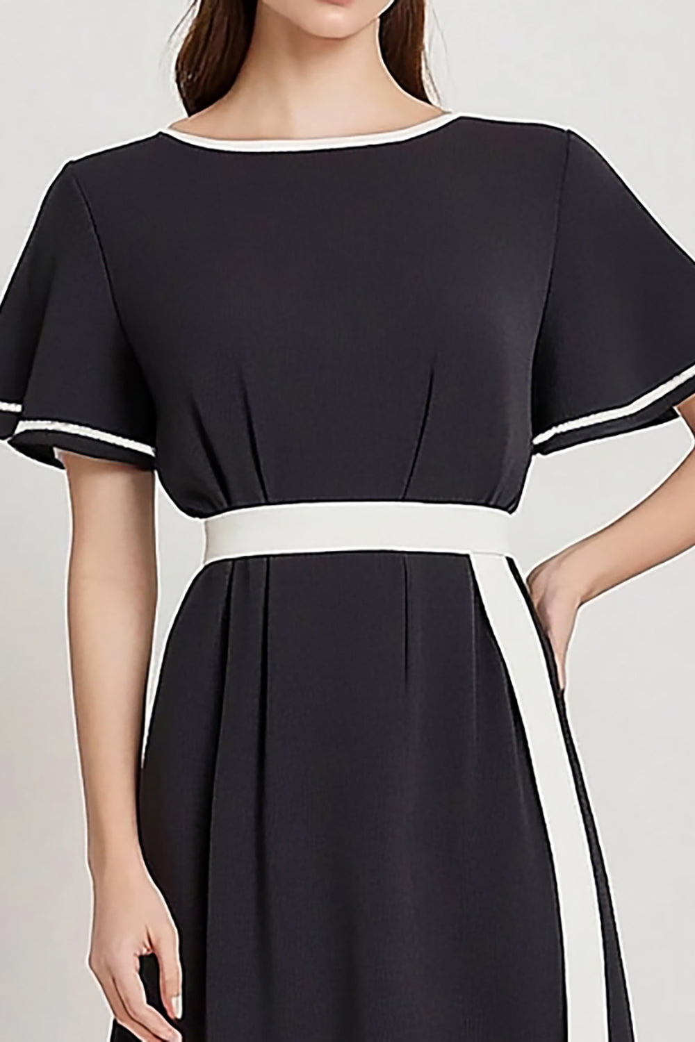 Black and White Satin A Line Midi Work Dress