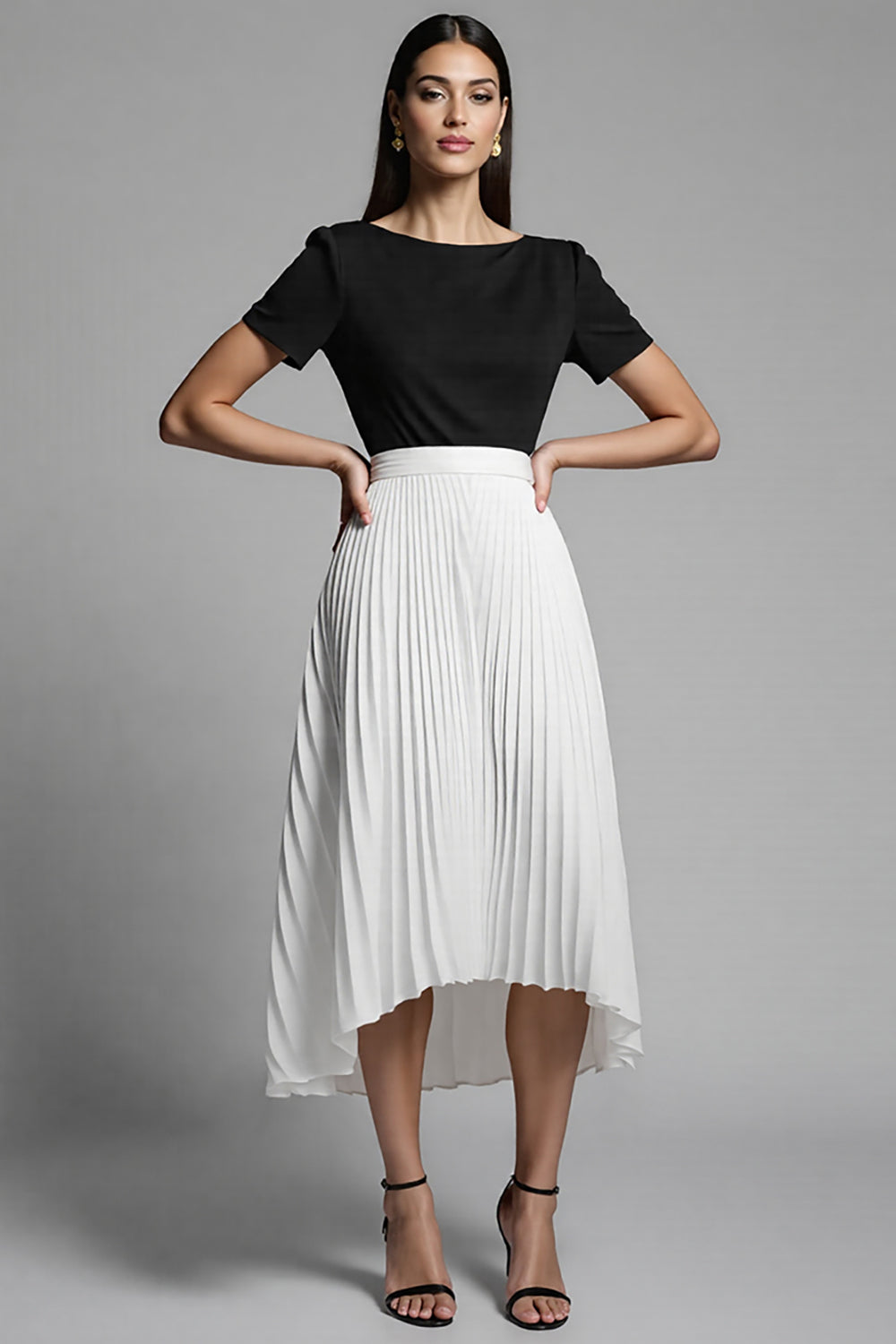 Black and White Satin A Line Pleated Midi Work Dress with Sleeves