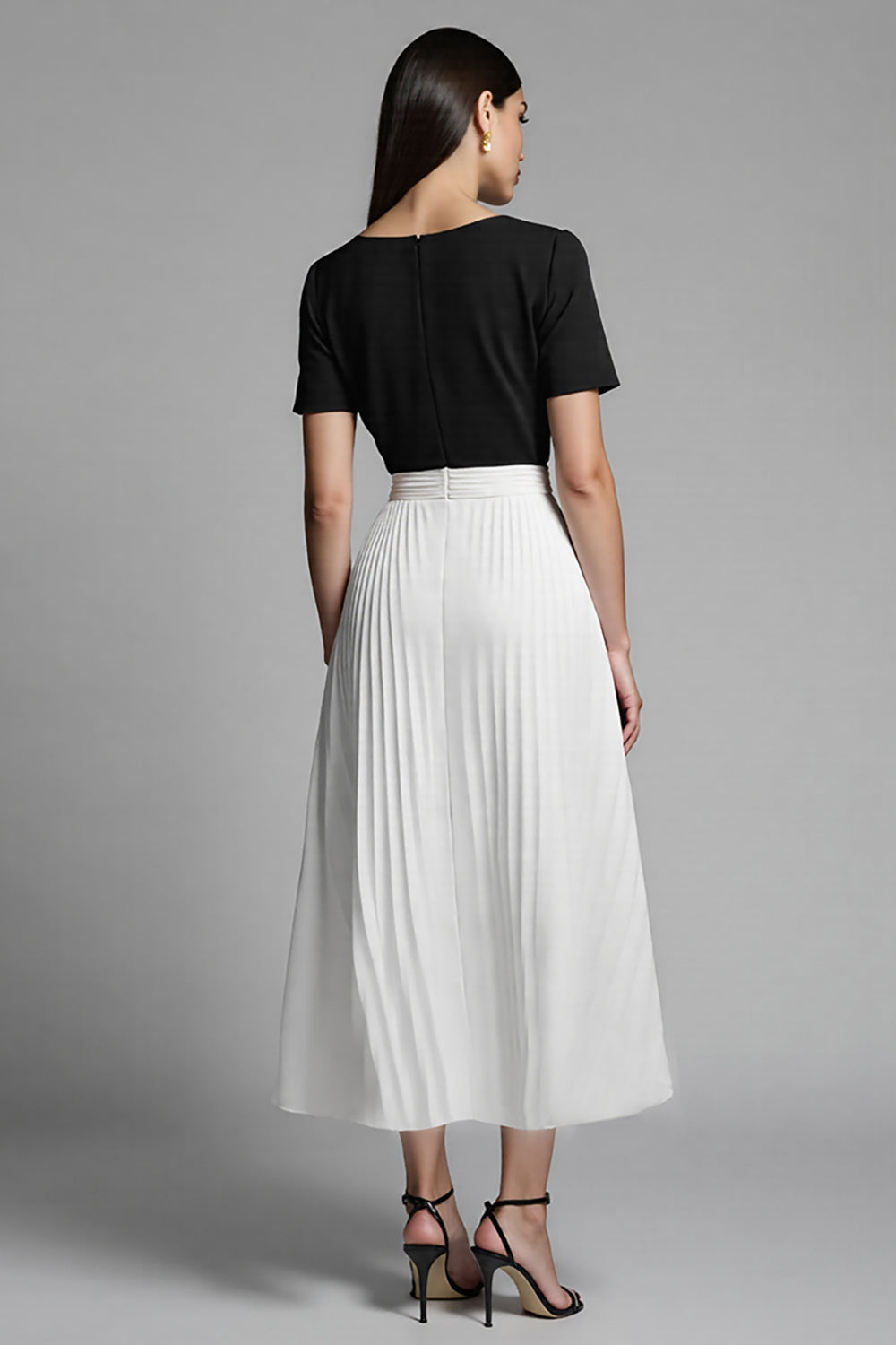 Black and White Satin A Line Pleated Midi Work Dress with Sleeves