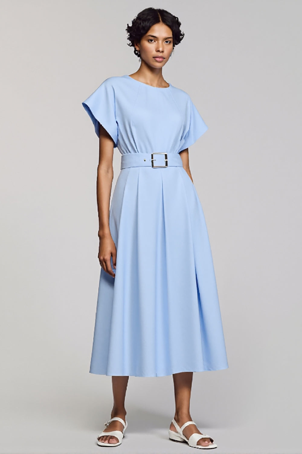Sky Blue Satin A Line Crew Neck Midi Work Dress with Sleeves