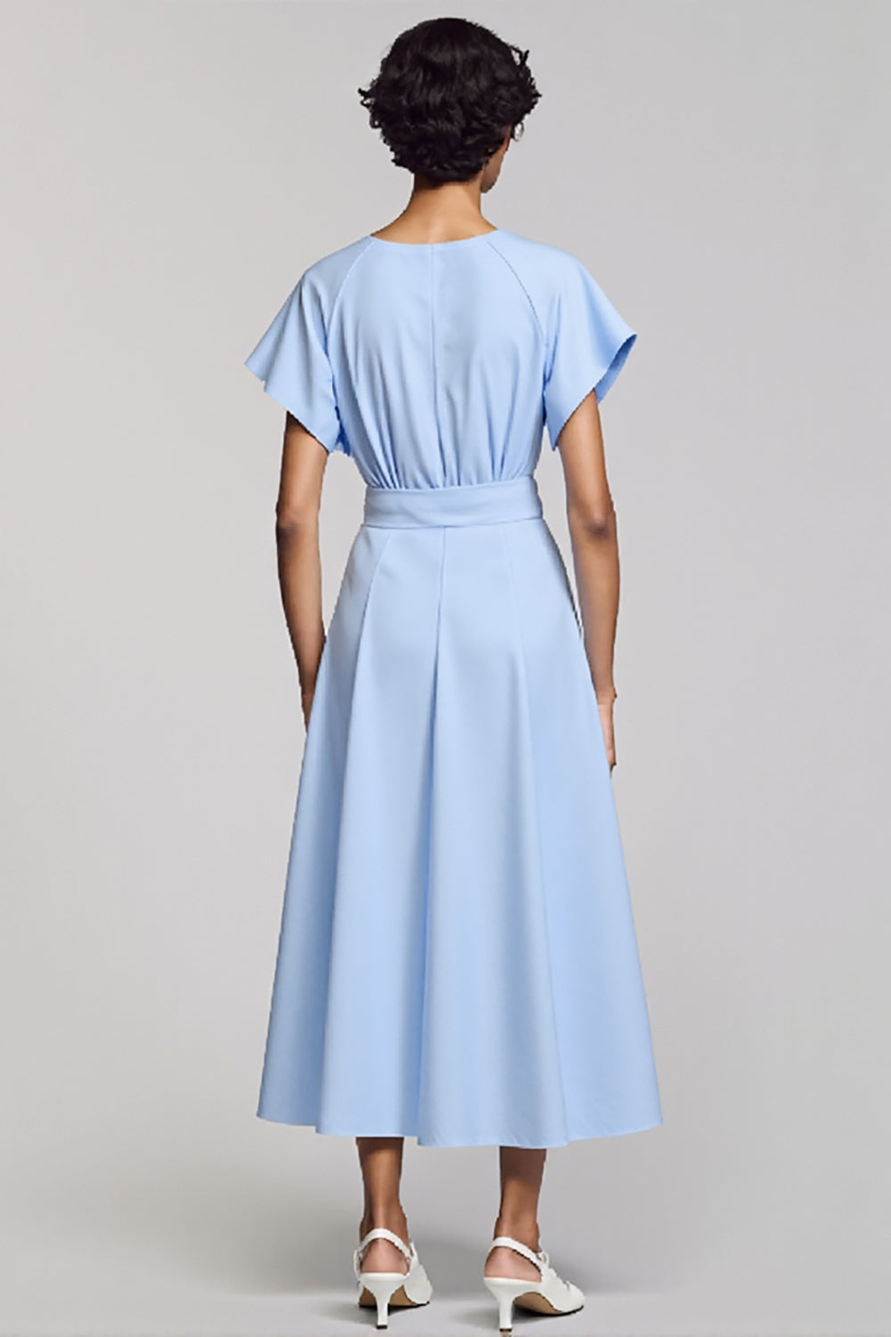 Sky Blue Satin A Line Crew Neck Midi Work Dress with Sleeves