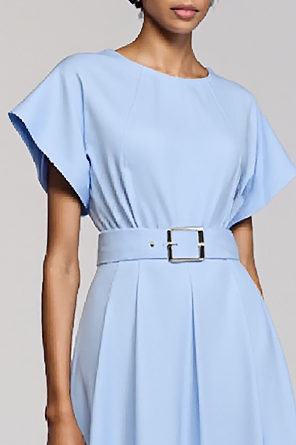 Sky Blue Satin A Line Crew Neck Midi Work Dress with Sleeves