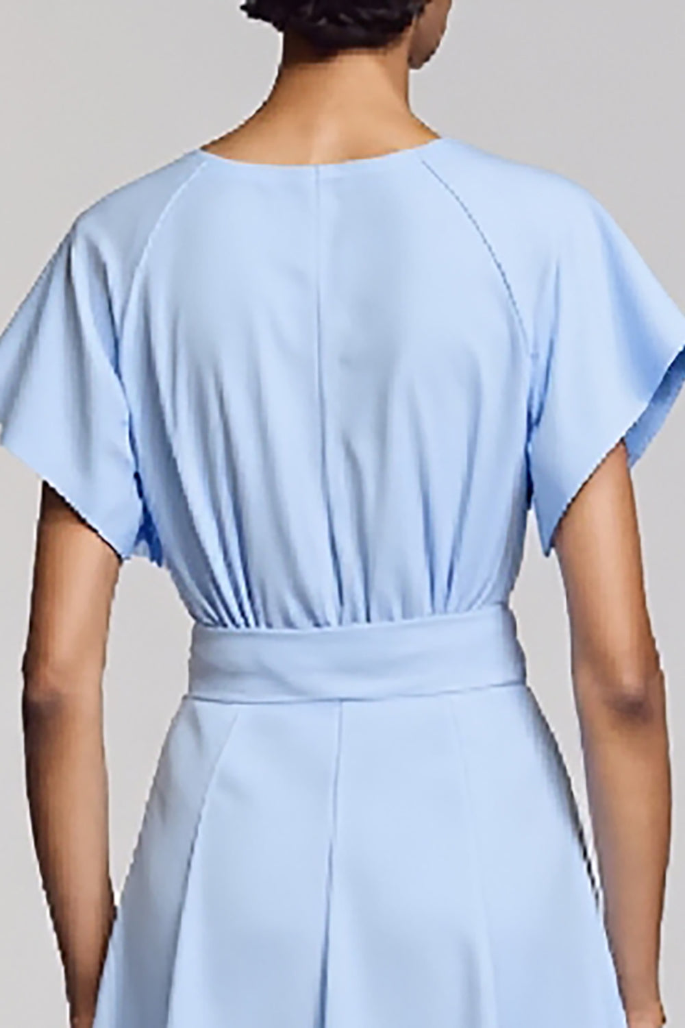 Sky Blue Satin A Line Crew Neck Midi Work Dress with Sleeves