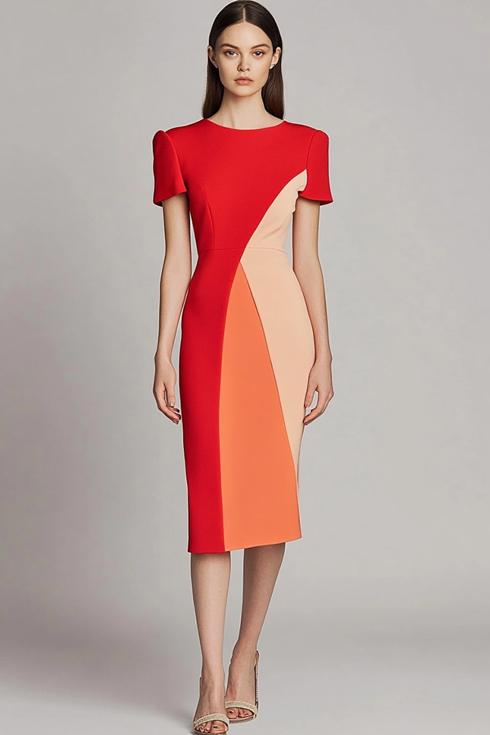 Red Bodycon Satin Patchwork Midi Work Dress with Sleeves