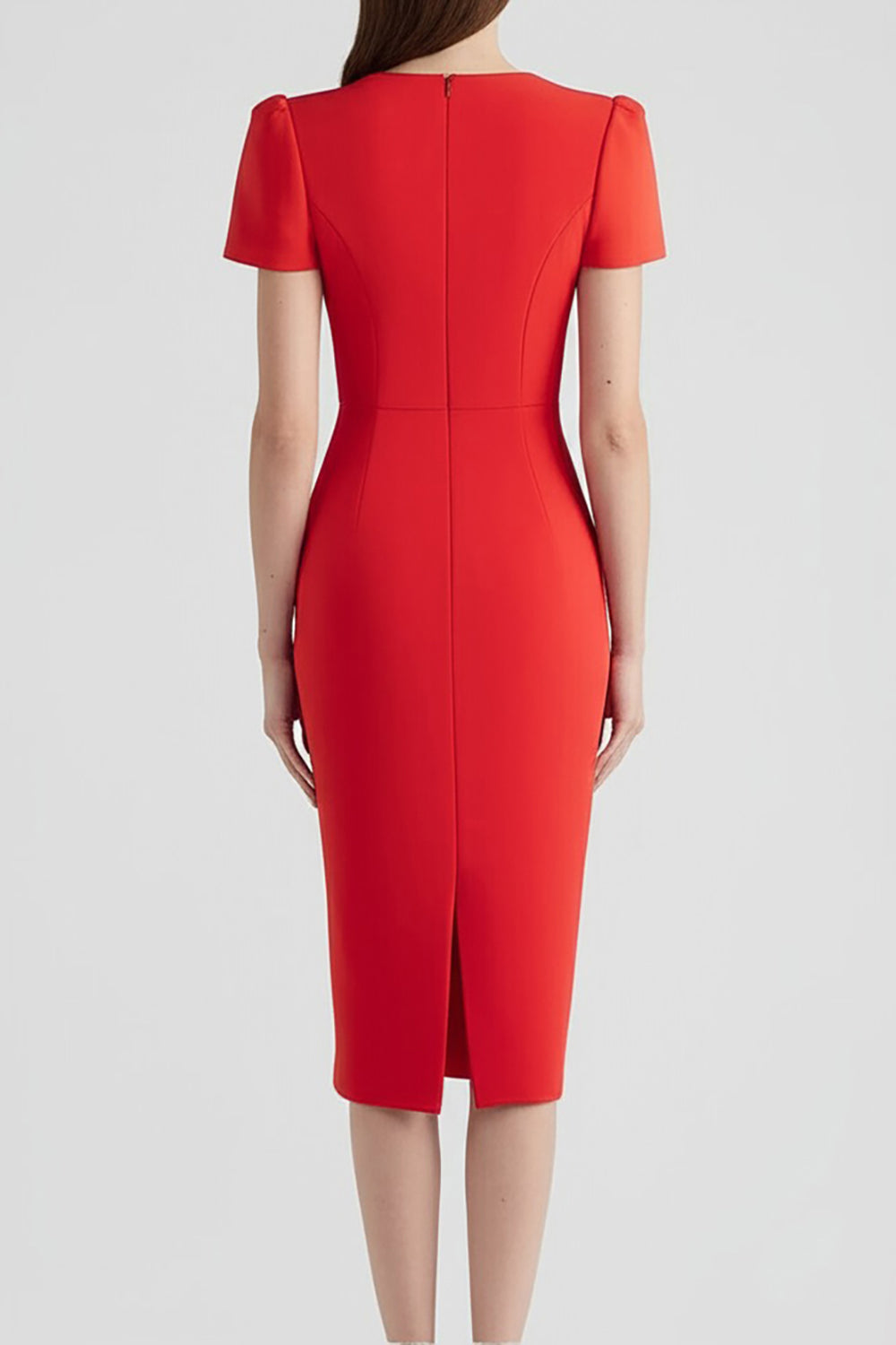 Red Bodycon Satin Patchwork Midi Work Dress with Sleeves