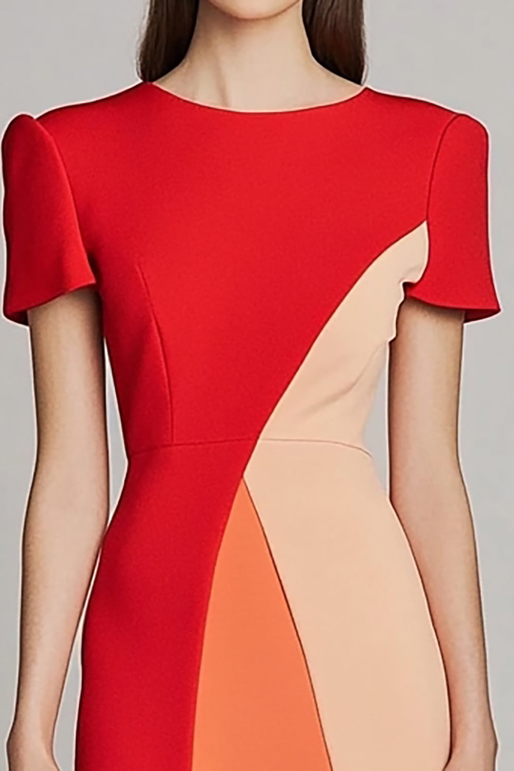 Red Bodycon Satin Patchwork Midi Work Dress with Sleeves