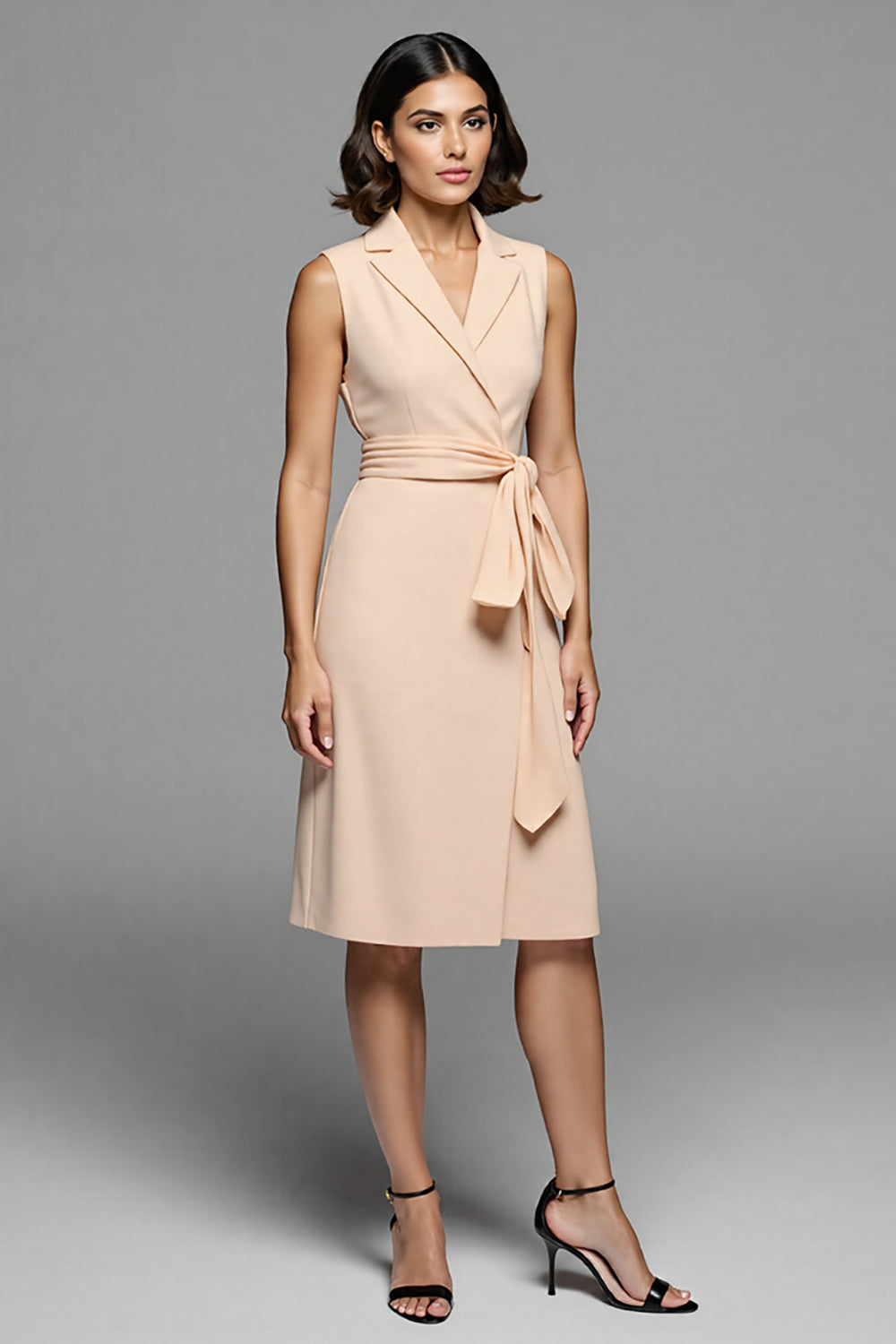 Champagne Satin A Line Notched Lapel Midi Work Blazer Dress with Ruffles