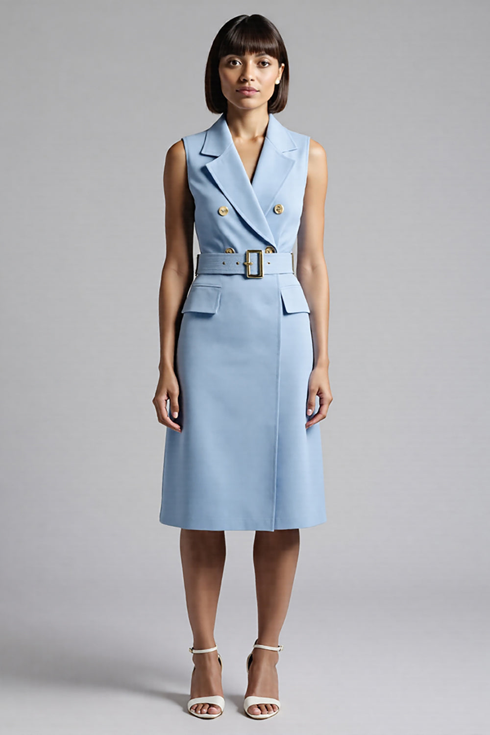 Sky Blue Satin Bodycon Notched Lapel Midi Work Blazer Dress