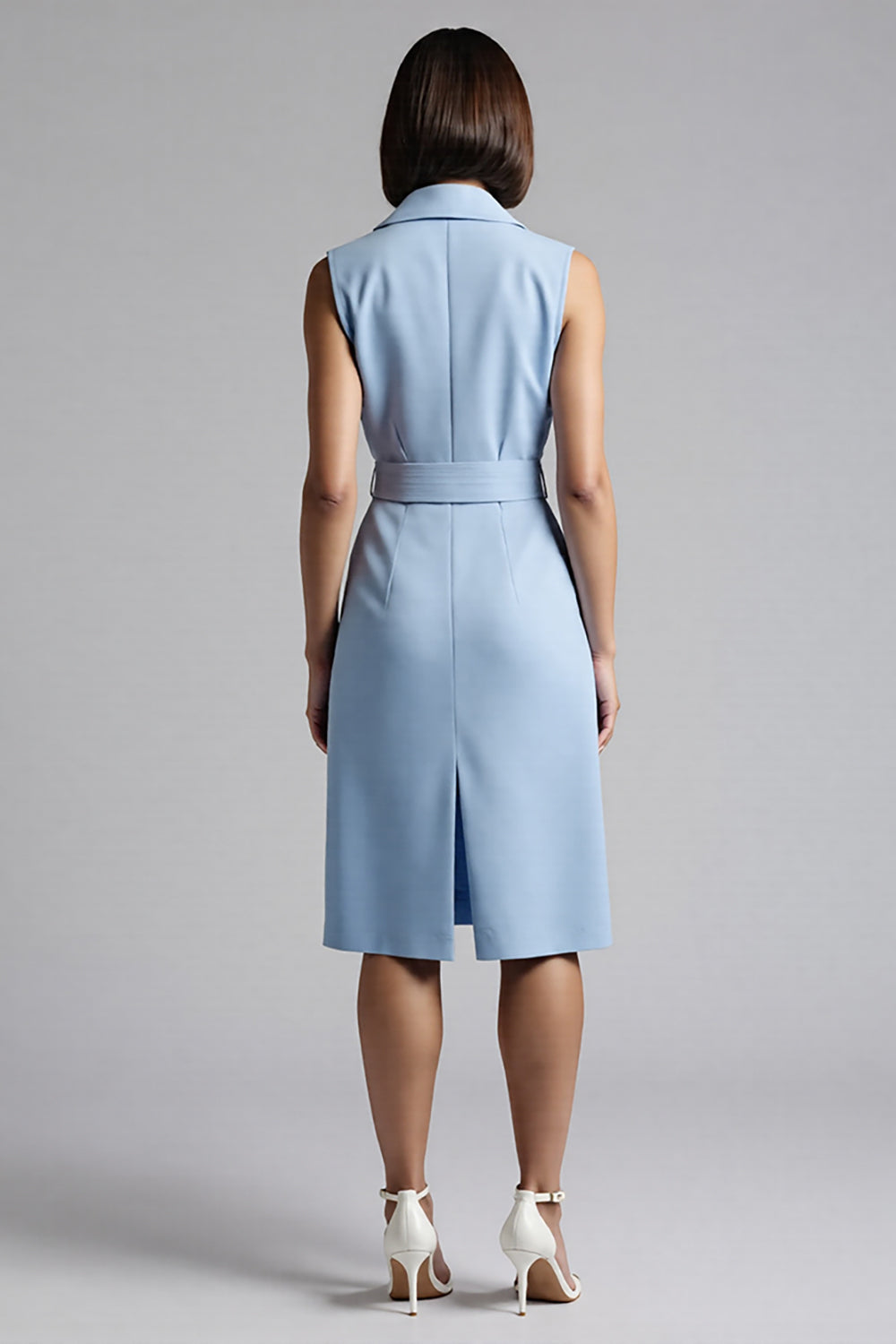 Sky Blue Satin Bodycon Notched Lapel Midi Work Blazer Dress