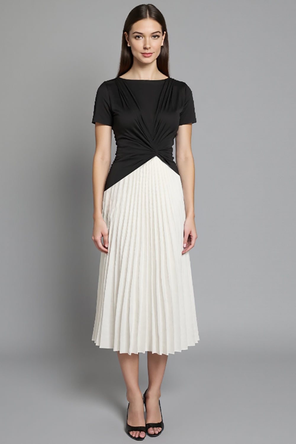Black and White A Line Pleated Midi Satin Work Dress