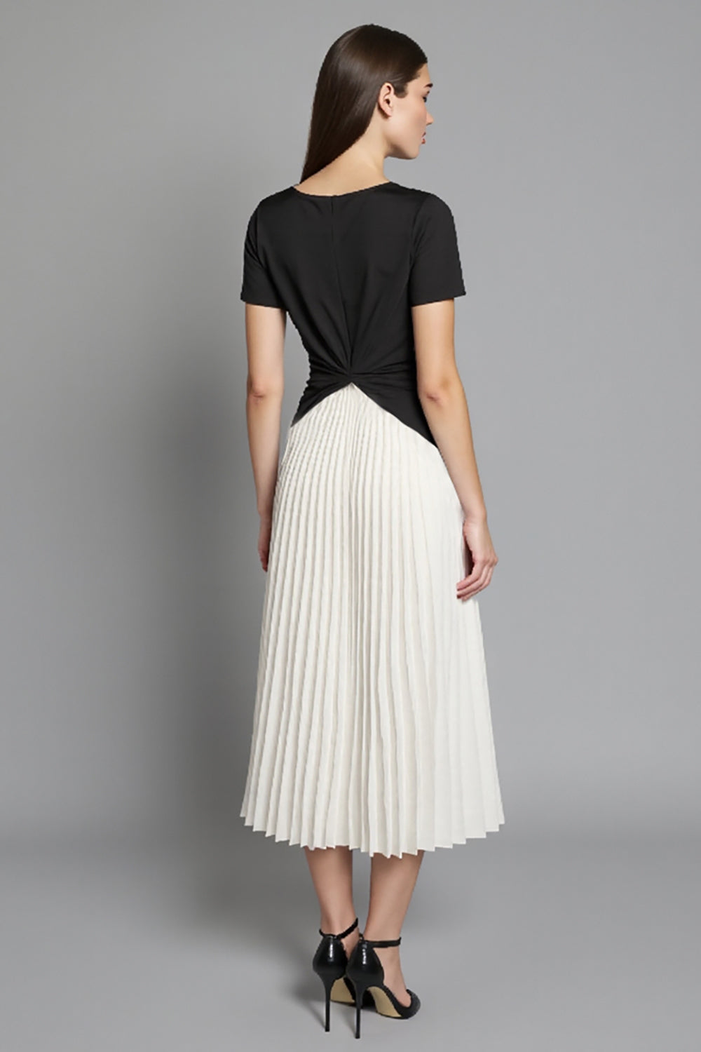 Black and White A Line Pleated Midi Satin Work Dress