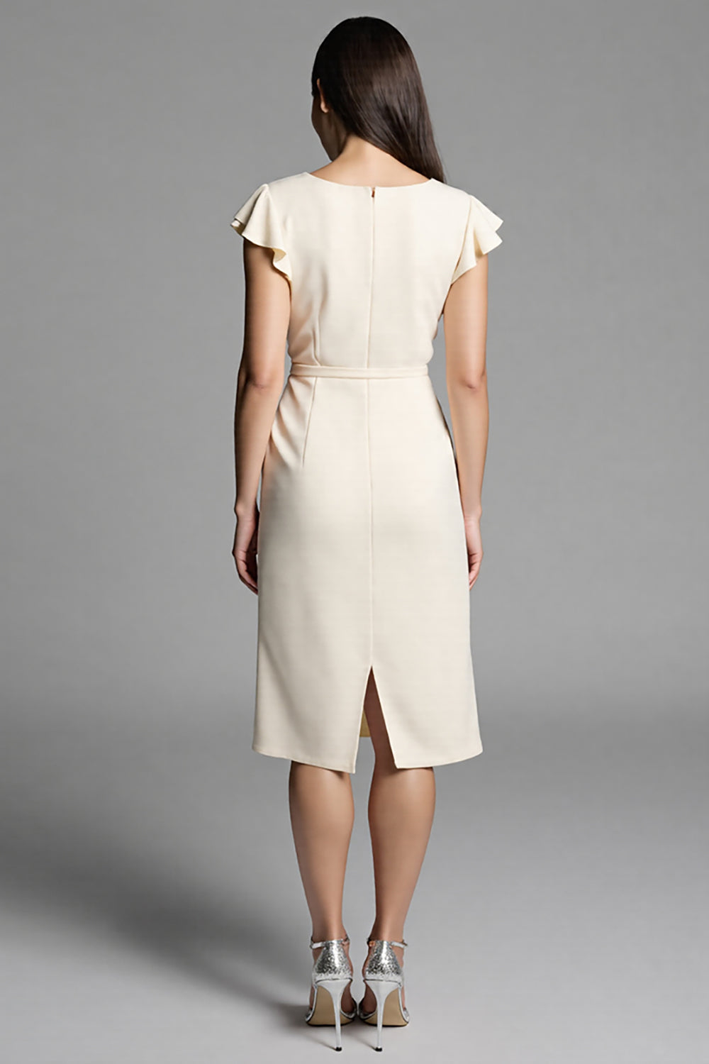 Ivory Satin Bodycon Midi Work Dress with Ruffles
