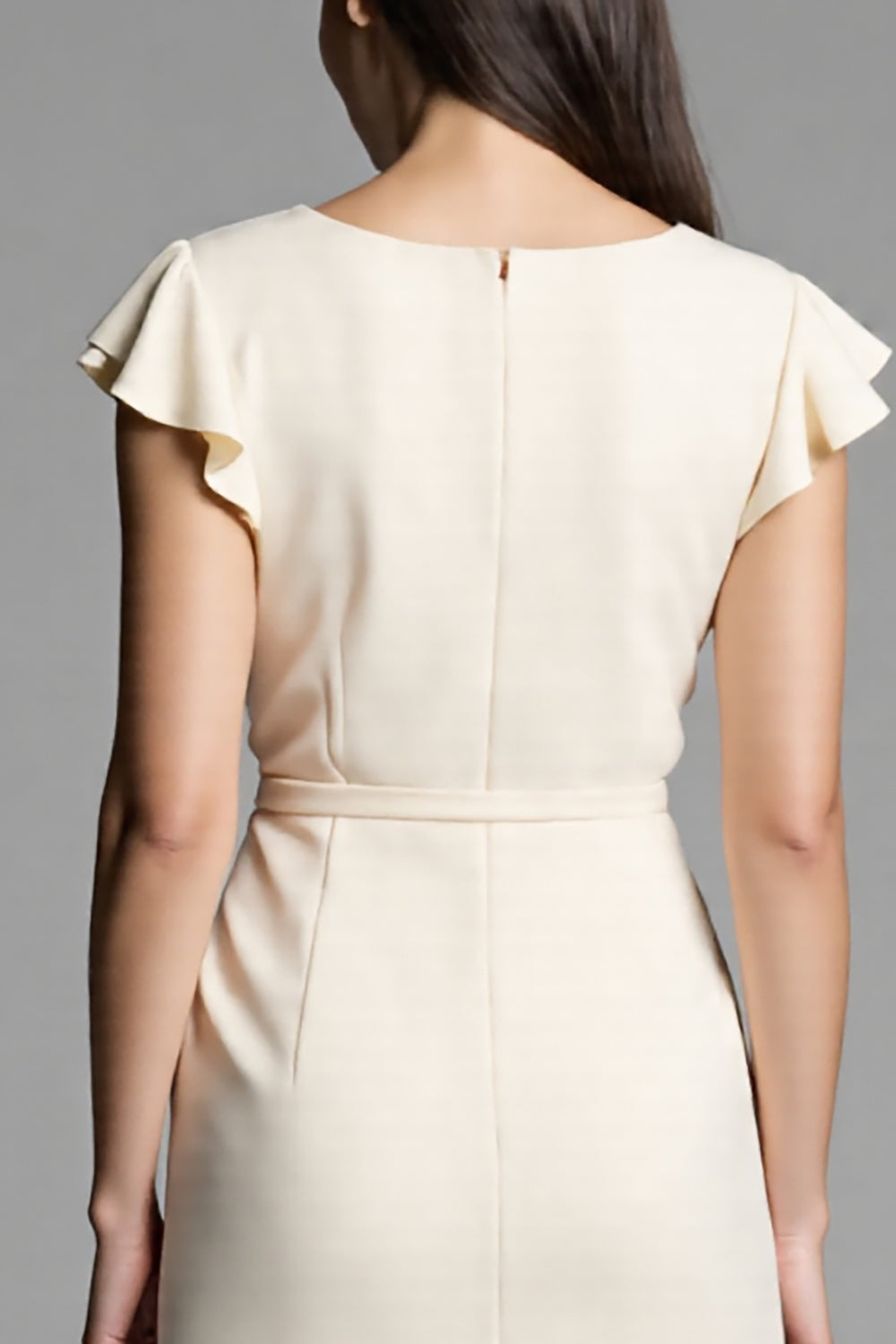 Ivory Satin Bodycon Midi Work Dress with Ruffles
