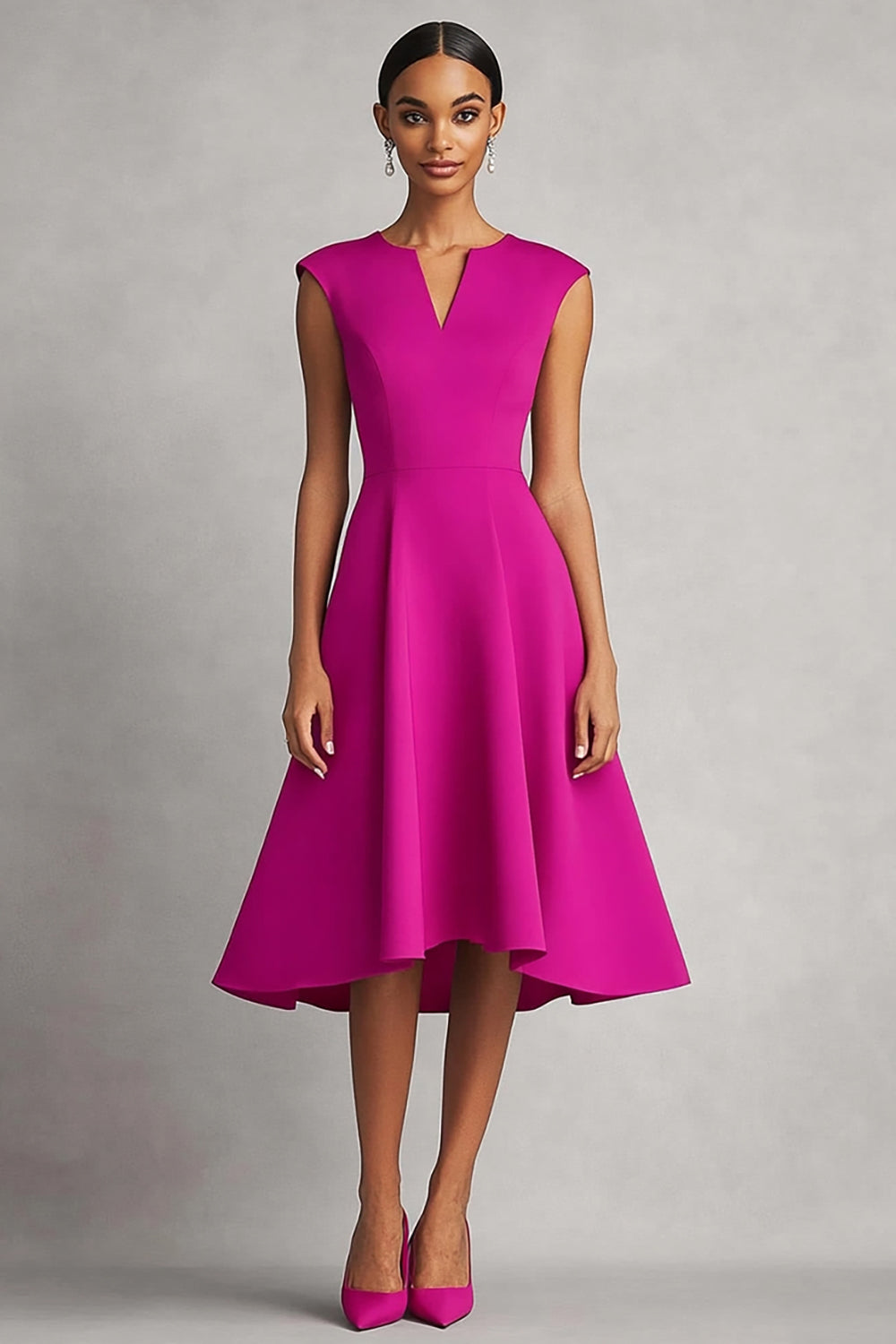 Fuchsia Satin A Line Sleeveless Midi Work Dress