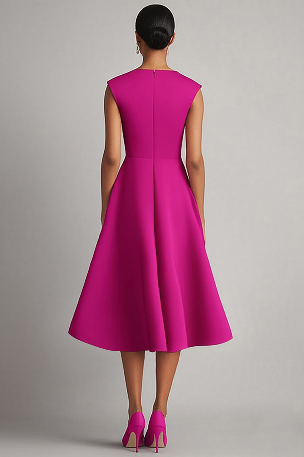 Fuchsia Satin A Line Sleeveless Midi Work Dress
