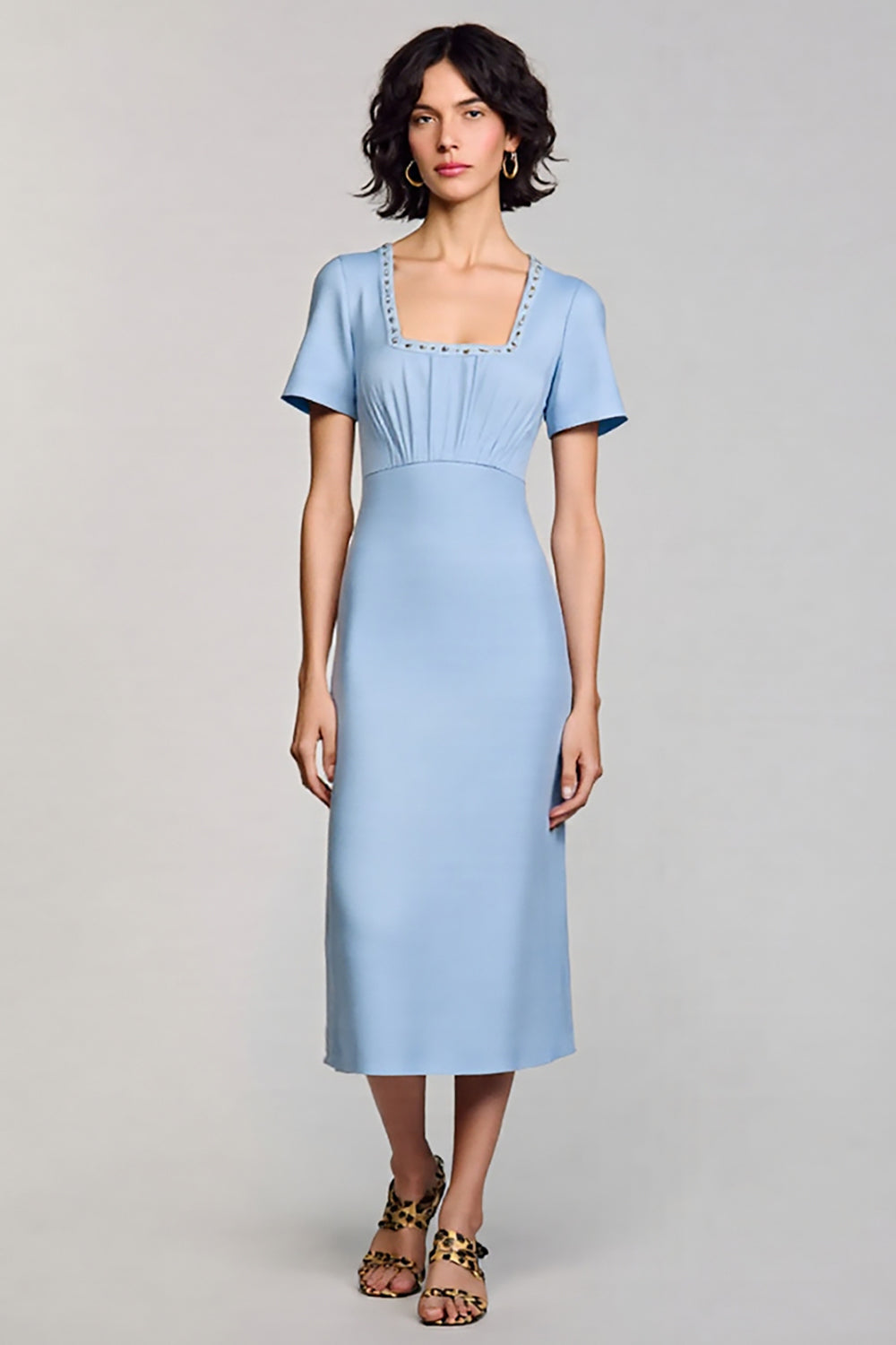 Sky Blue SBodycon atin Square Neck Midi Work Dress with Sleeves