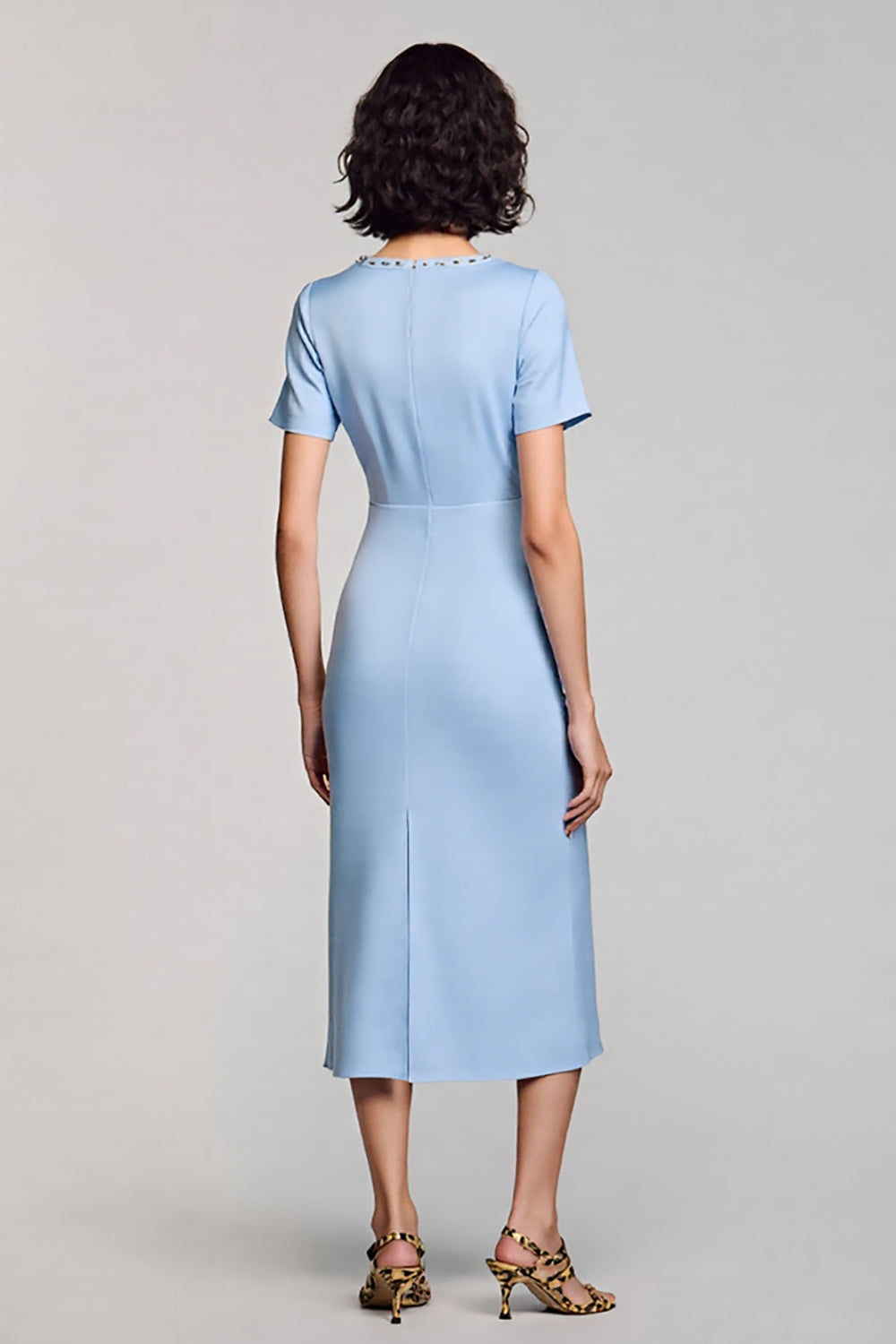 Sky Blue SBodycon atin Square Neck Midi Work Dress with Sleeves