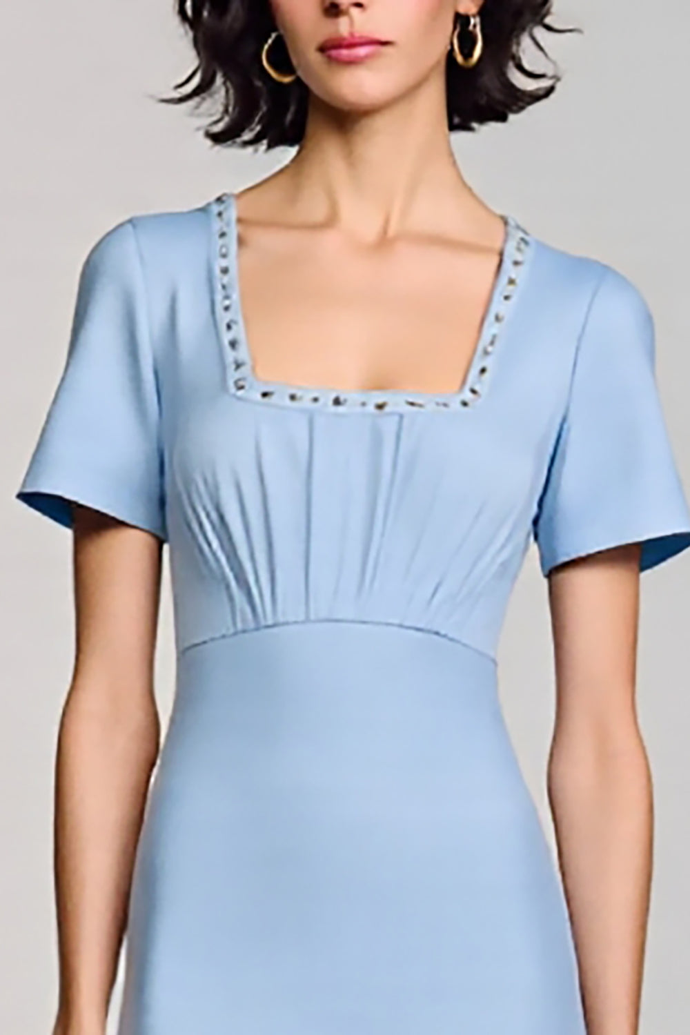 Sky Blue SBodycon atin Square Neck Midi Work Dress with Sleeves