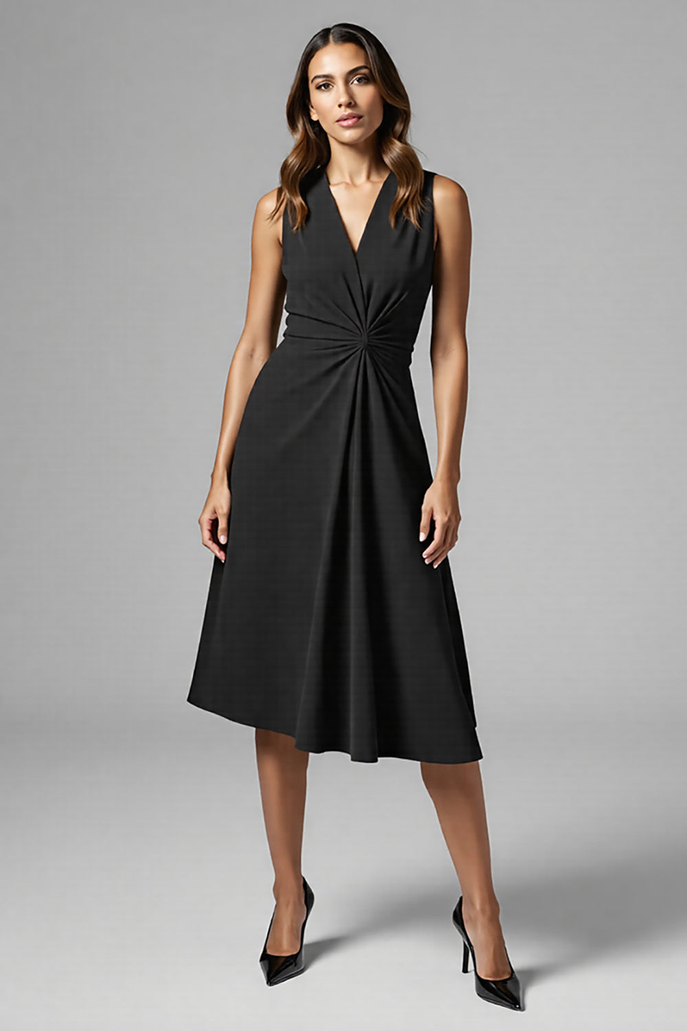 Black Satin Ruched A Line V-Neck Midi Work Dress