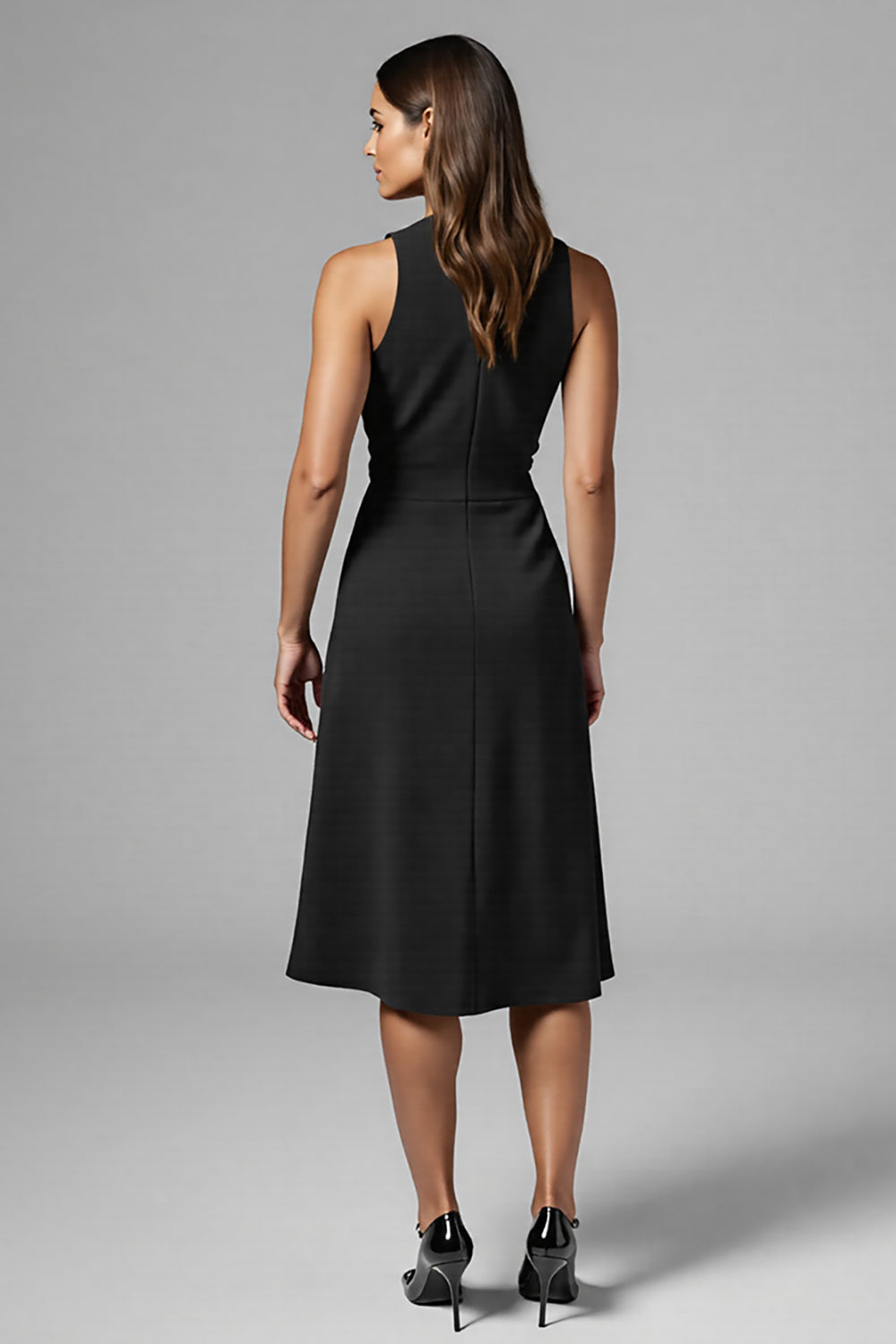 Black Satin Ruched A Line V-Neck Midi Work Dress