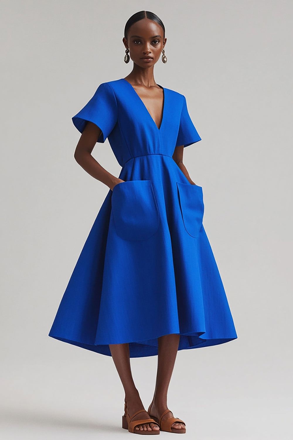Royal Blue A Line V-Neck Midi Satin Work Dress with Pockets