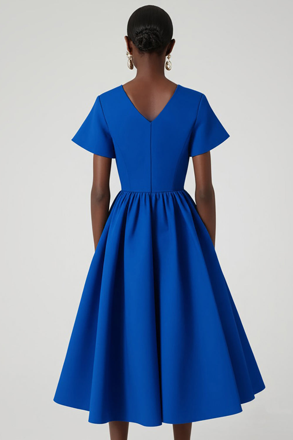 Royal Blue A Line V-Neck Midi Satin Work Dress with Pockets