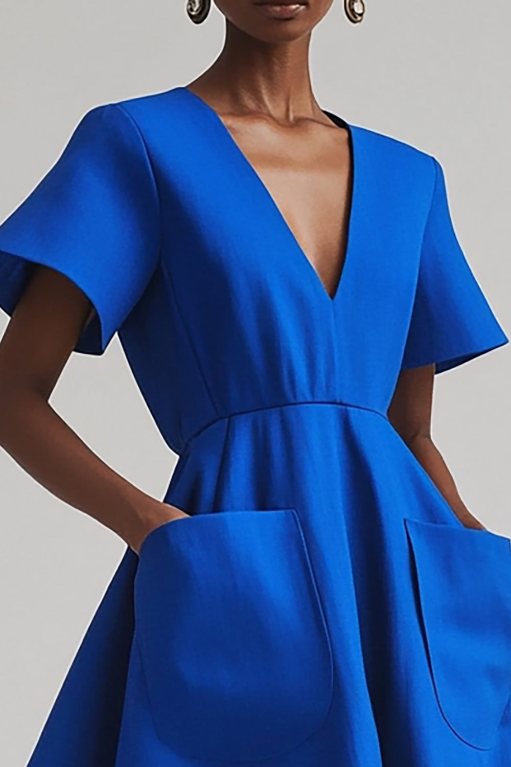Royal Blue A Line V-Neck Midi Satin Work Dress with Pockets