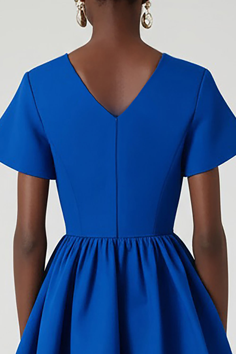Royal Blue A Line V-Neck Midi Satin Work Dress with Pockets
