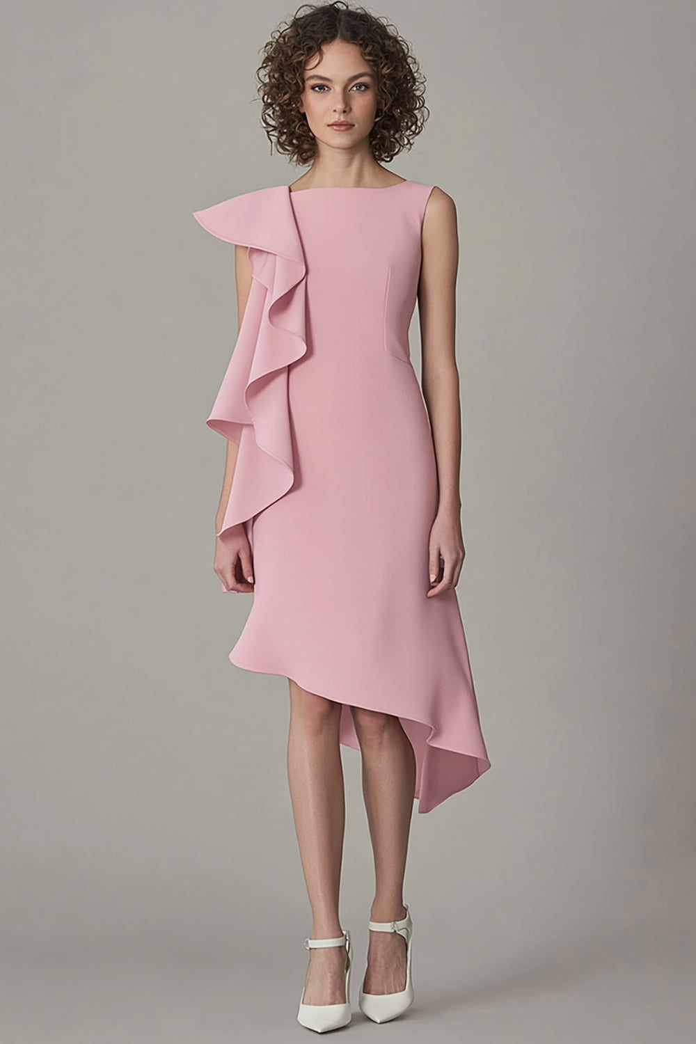 Pink Satin Asymmetrical A Line Midi Work Dress with Ruffles