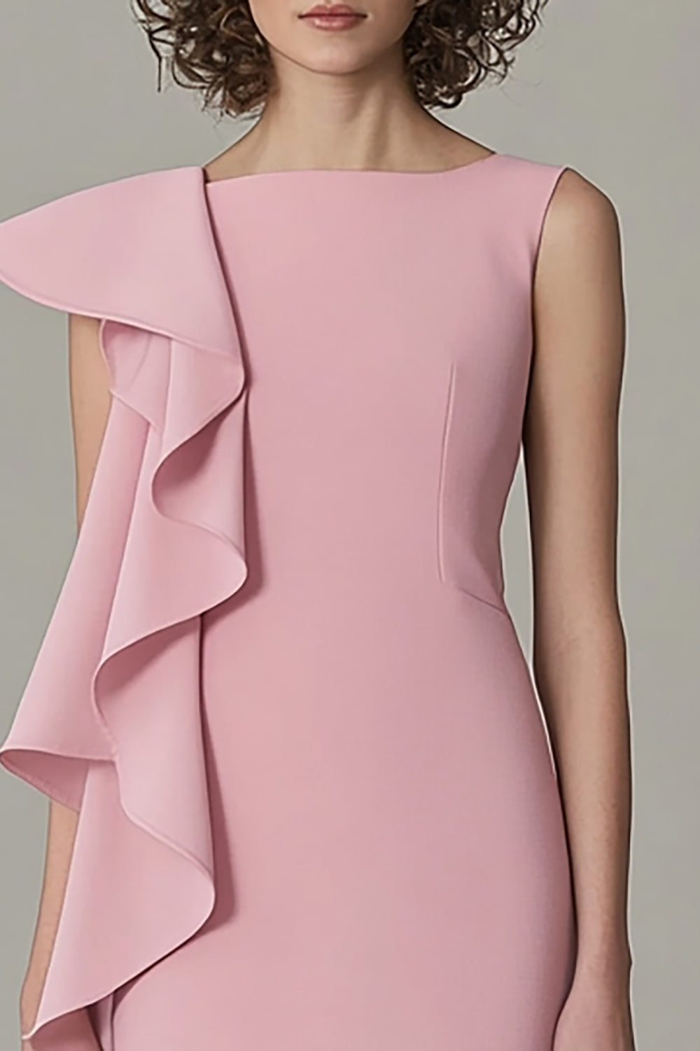 Pink Satin Asymmetrical A Line Midi Work Dress with Ruffles