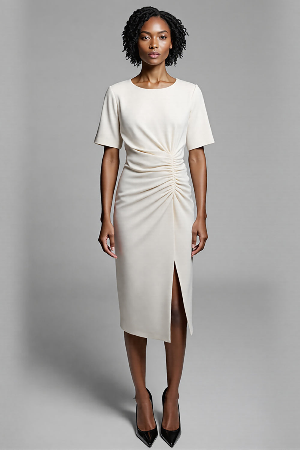Ivory Satin Bodycon Ruched Midi Work Dress with Slit