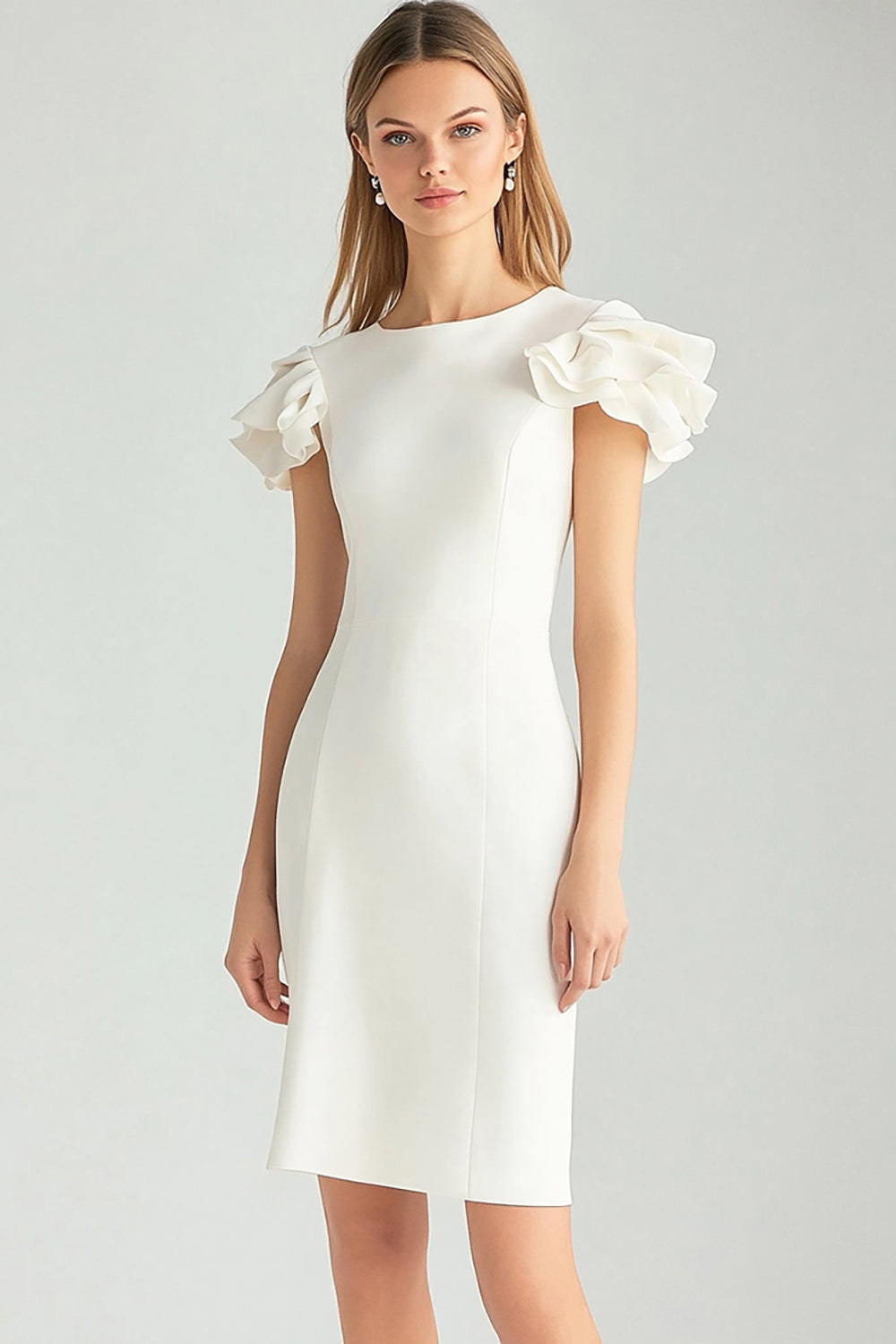 Ivory Bodycon Satin Short Work Dress with Ruffles