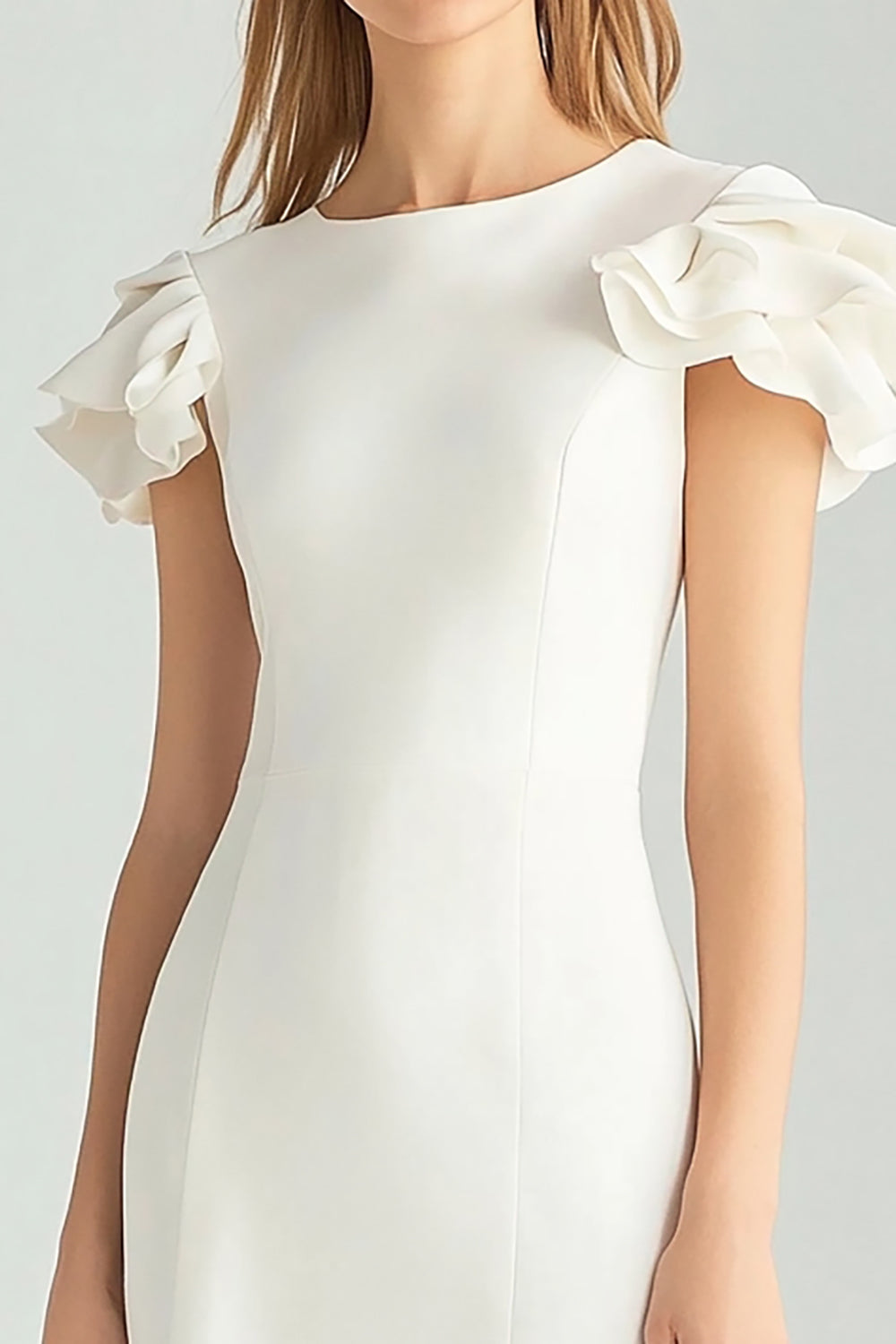 Ivory Bodycon Satin Short Work Dress with Ruffles