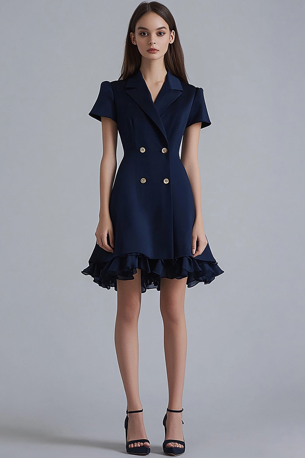 Navy Satin Ruffled A Line Notched Lapel Short Work Blazer Dress with Sleeves