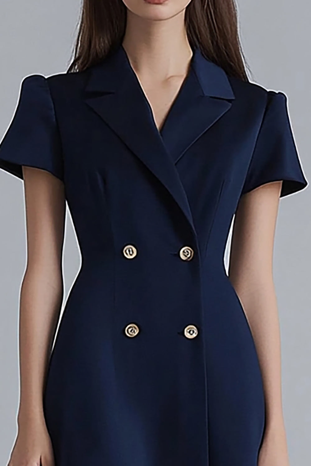 Navy Satin Ruffled A Line Notched Lapel Short Work Blazer Dress with Sleeves