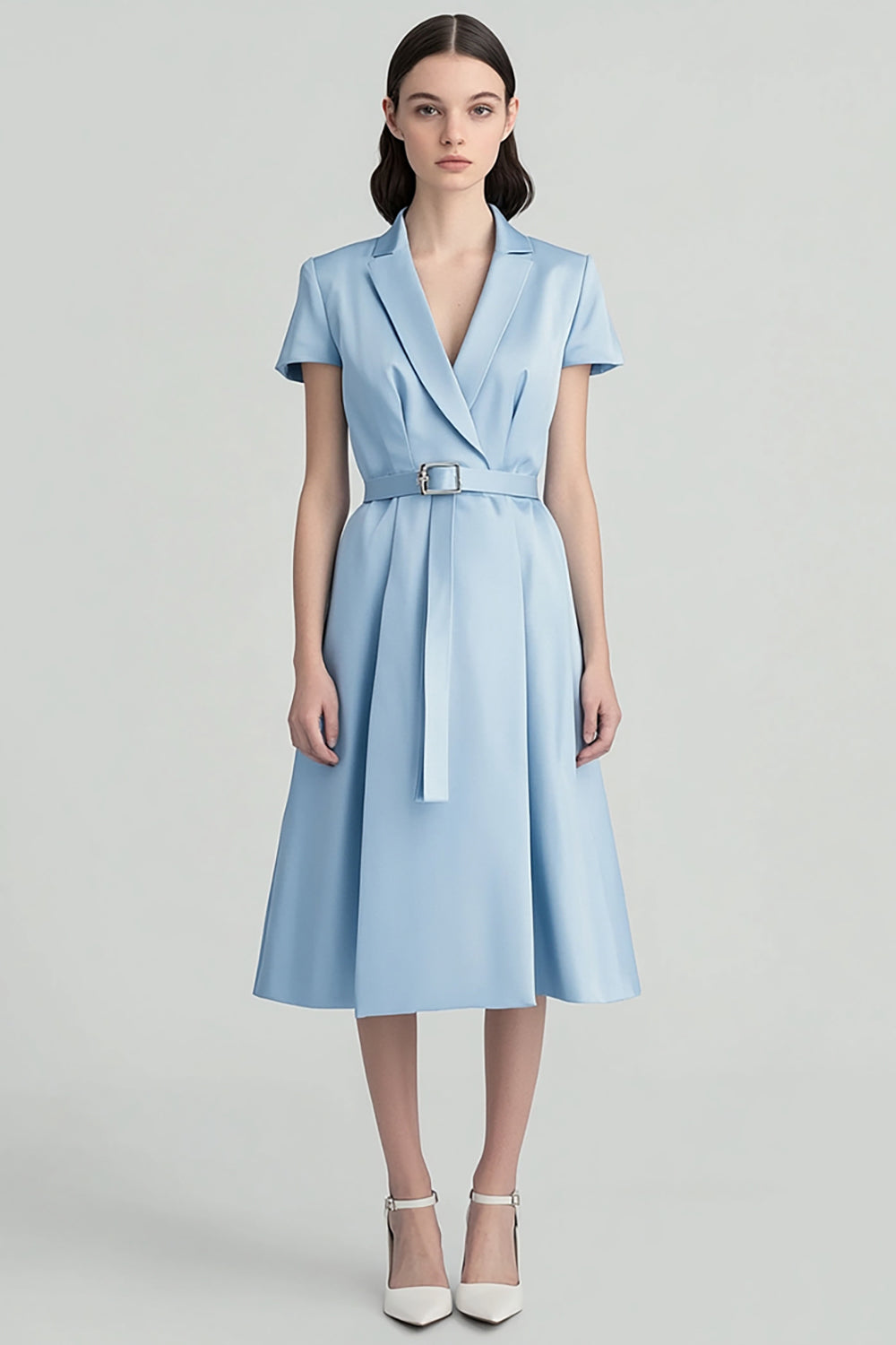 Sky Blue A Line Notched Lapel Midi Satin Work Blazer Dress