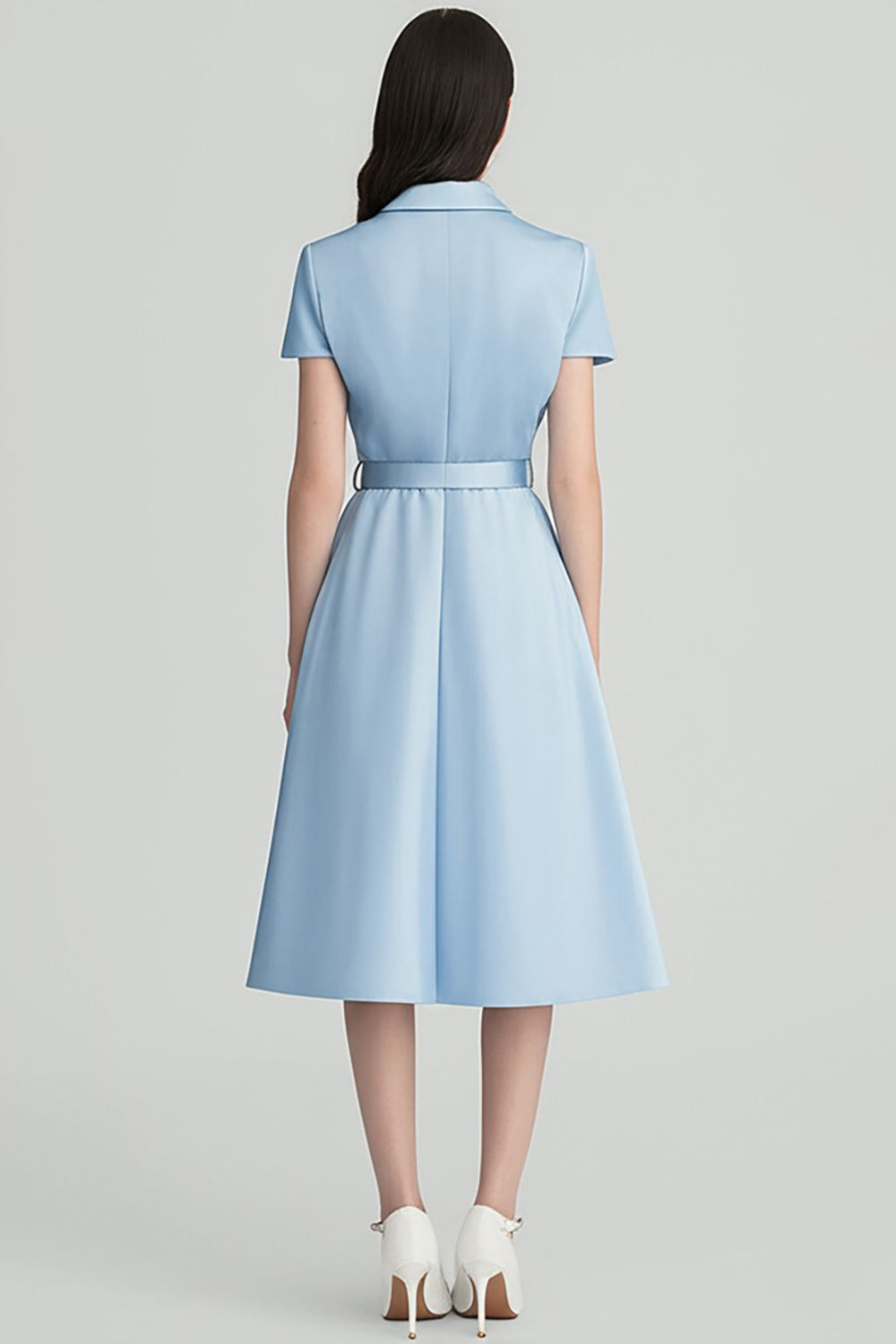 Sky Blue A Line Notched Lapel Midi Satin Work Blazer Dress