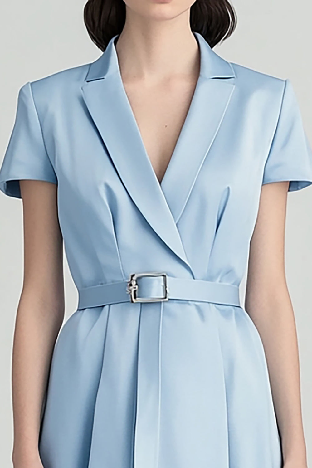 Sky Blue A Line Notched Lapel Midi Satin Work Blazer Dress