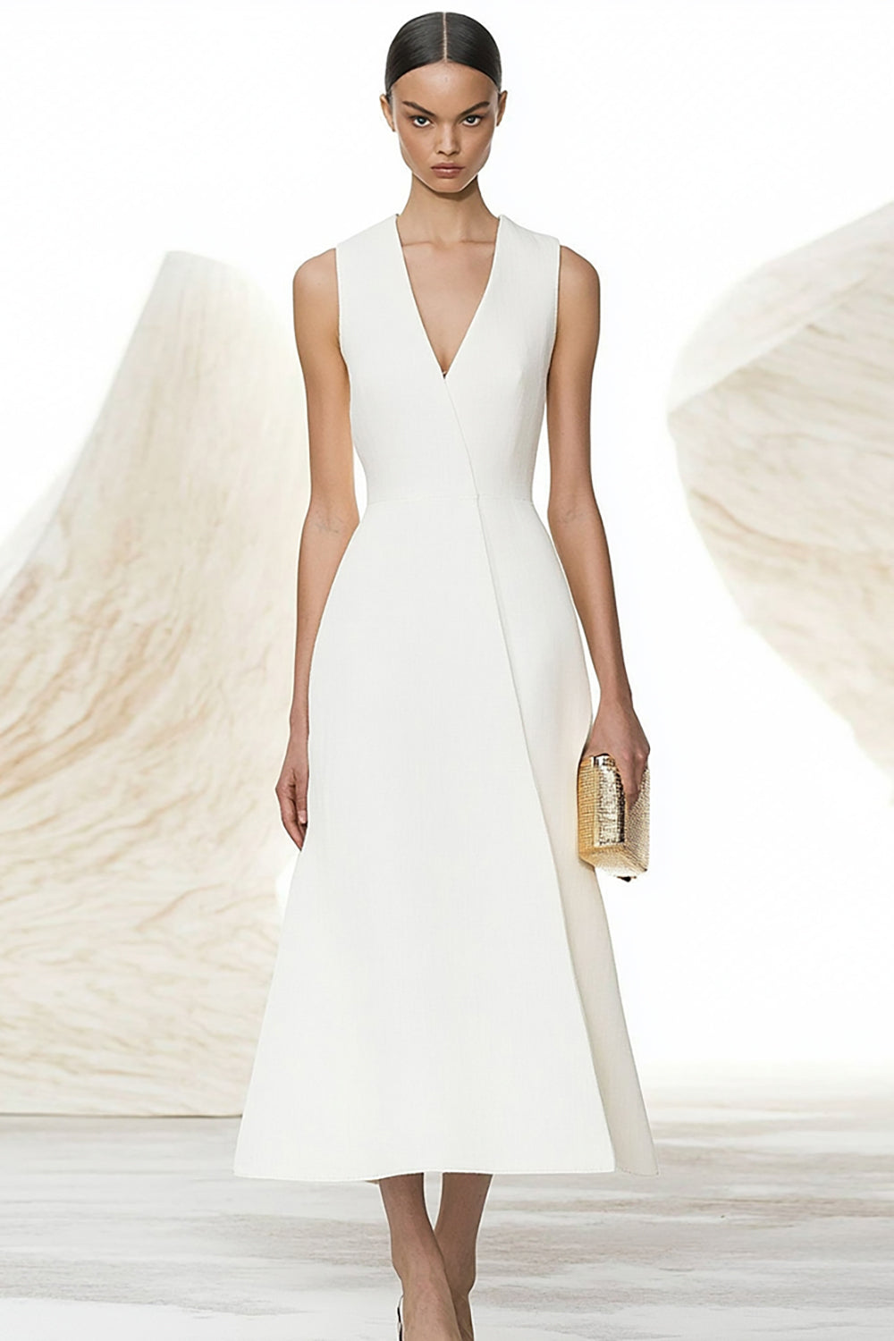 Ivory Satin A Line V-Neck Long Work Dress