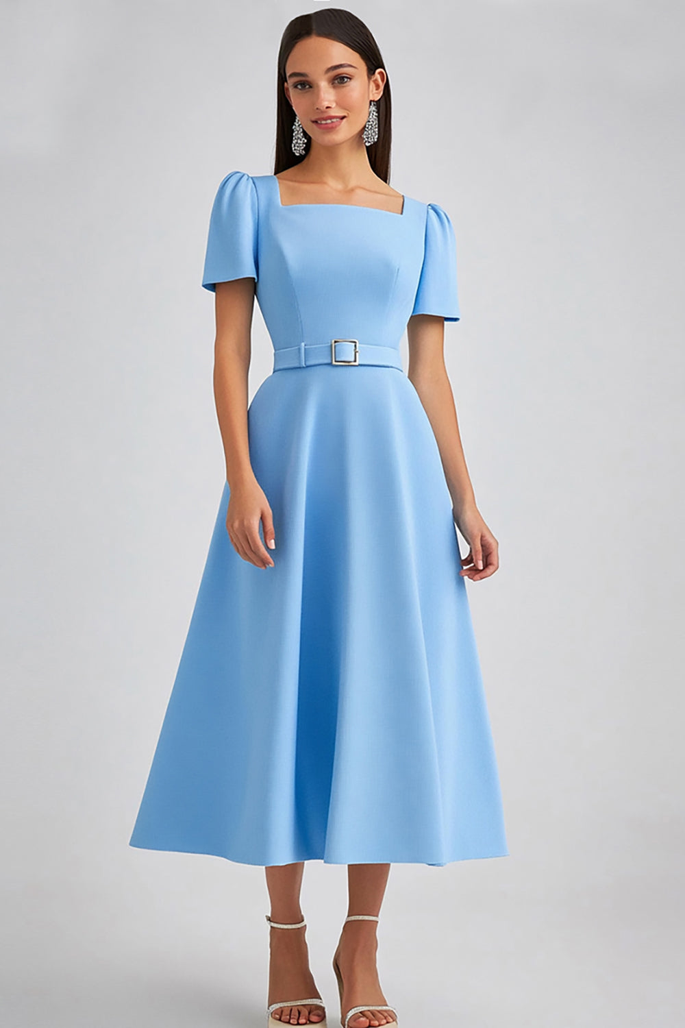 Sky Blue Satin Square Neck A Line Midi Work Dress with Sleeves