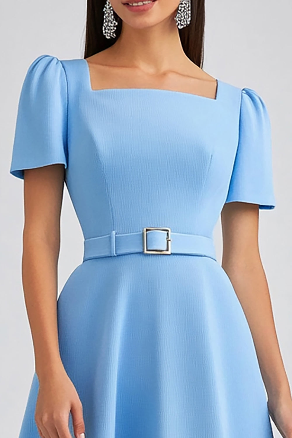 Sky Blue Satin Square Neck A Line Midi Work Dress with Sleeves