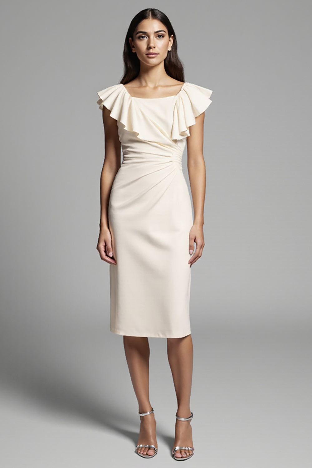 Ivory Satin Bodycon Midi Work Dress with Ruffles