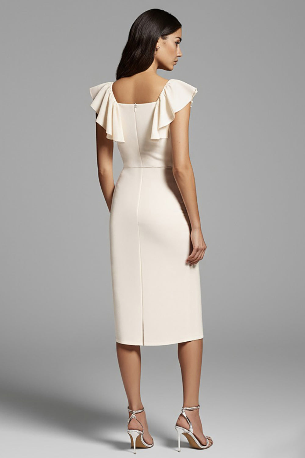 Ivory Satin Bodycon Midi Work Dress with Ruffles